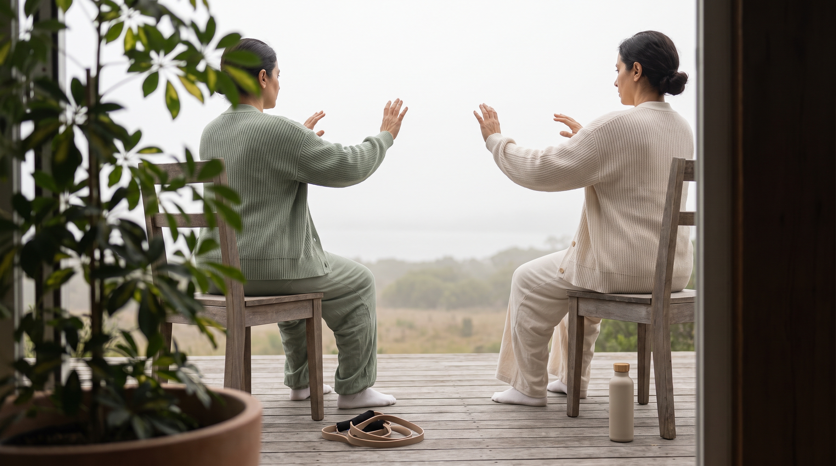 small group doing slow tai chi stances on a lawn