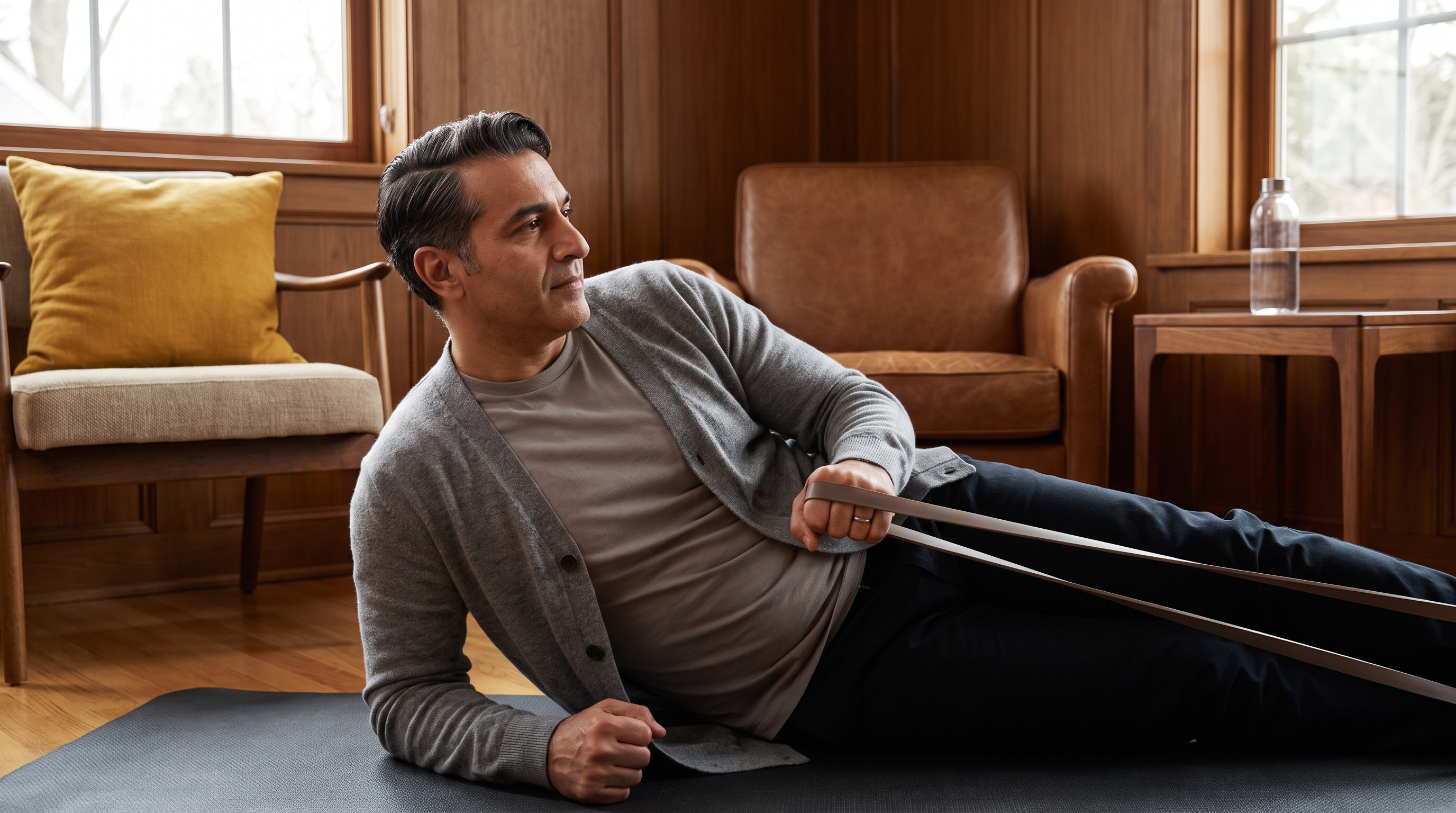 man doing pelvic floor exercise at home