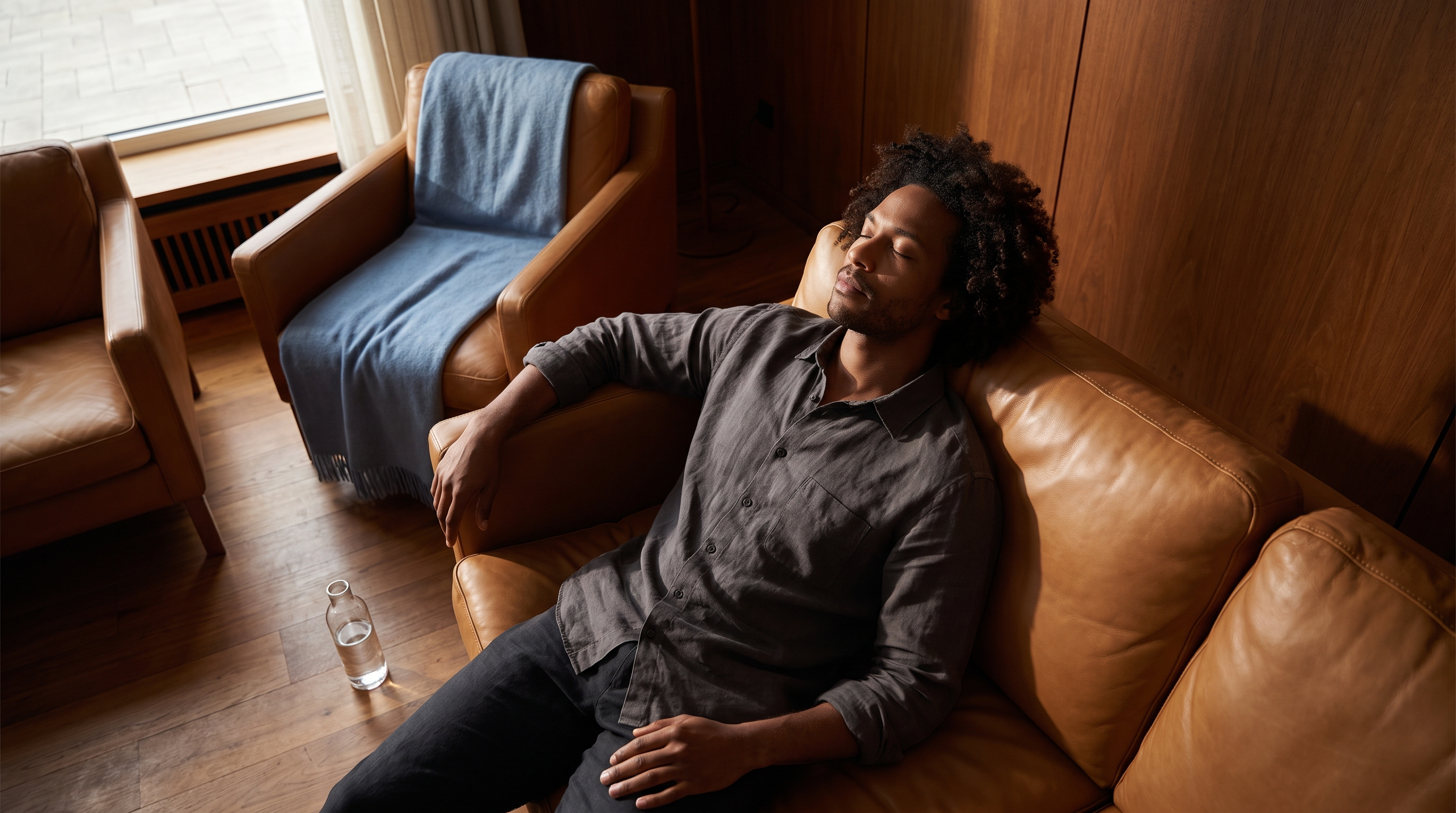 man relaxing at home following a kegel exercise routine