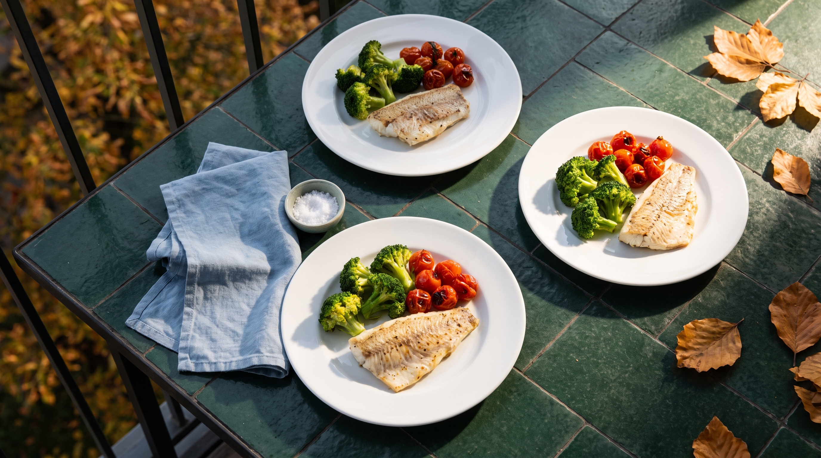 colourful vegetables and fish arranged on wooden table