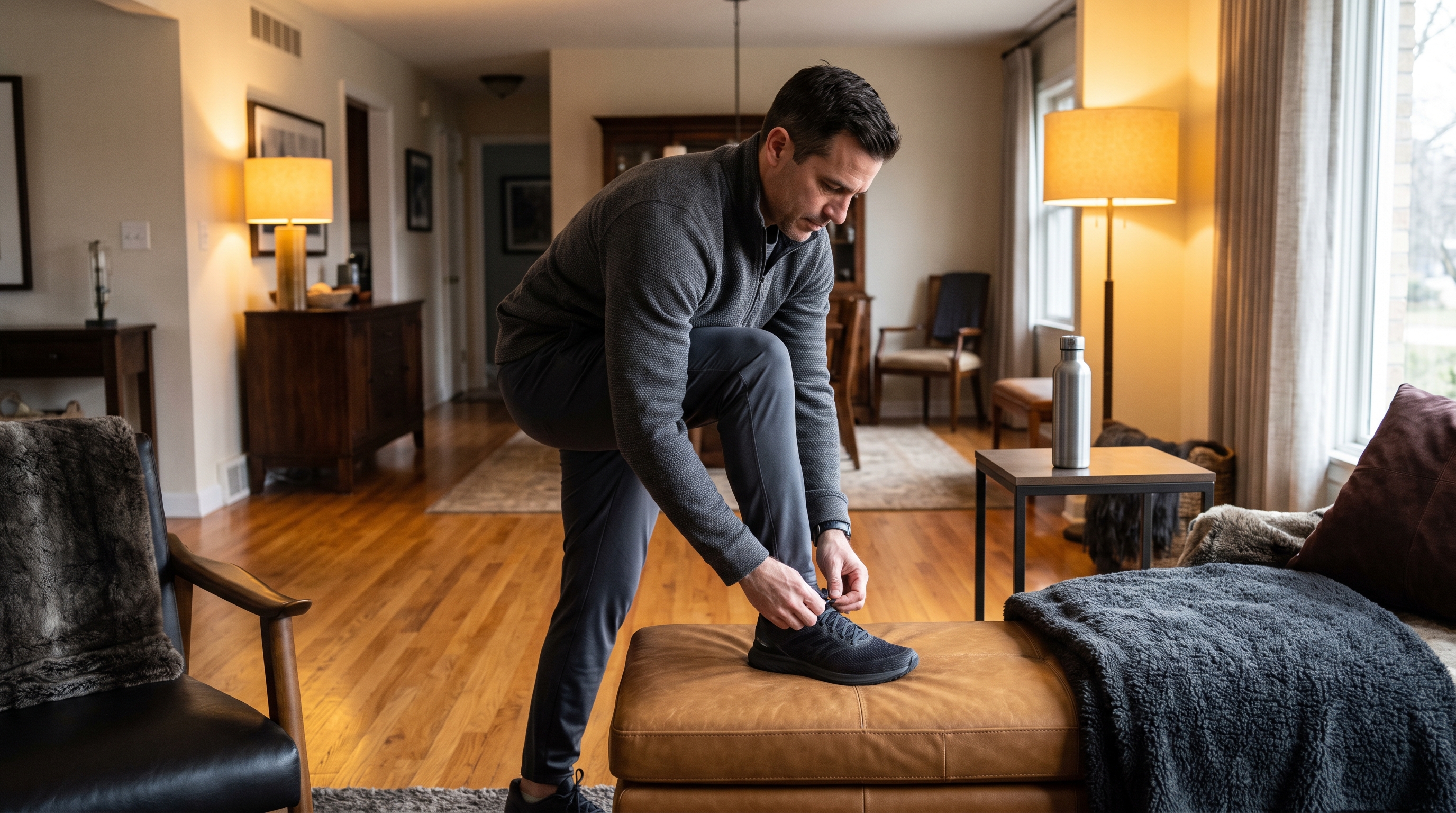 person tying running shoes before morning jog