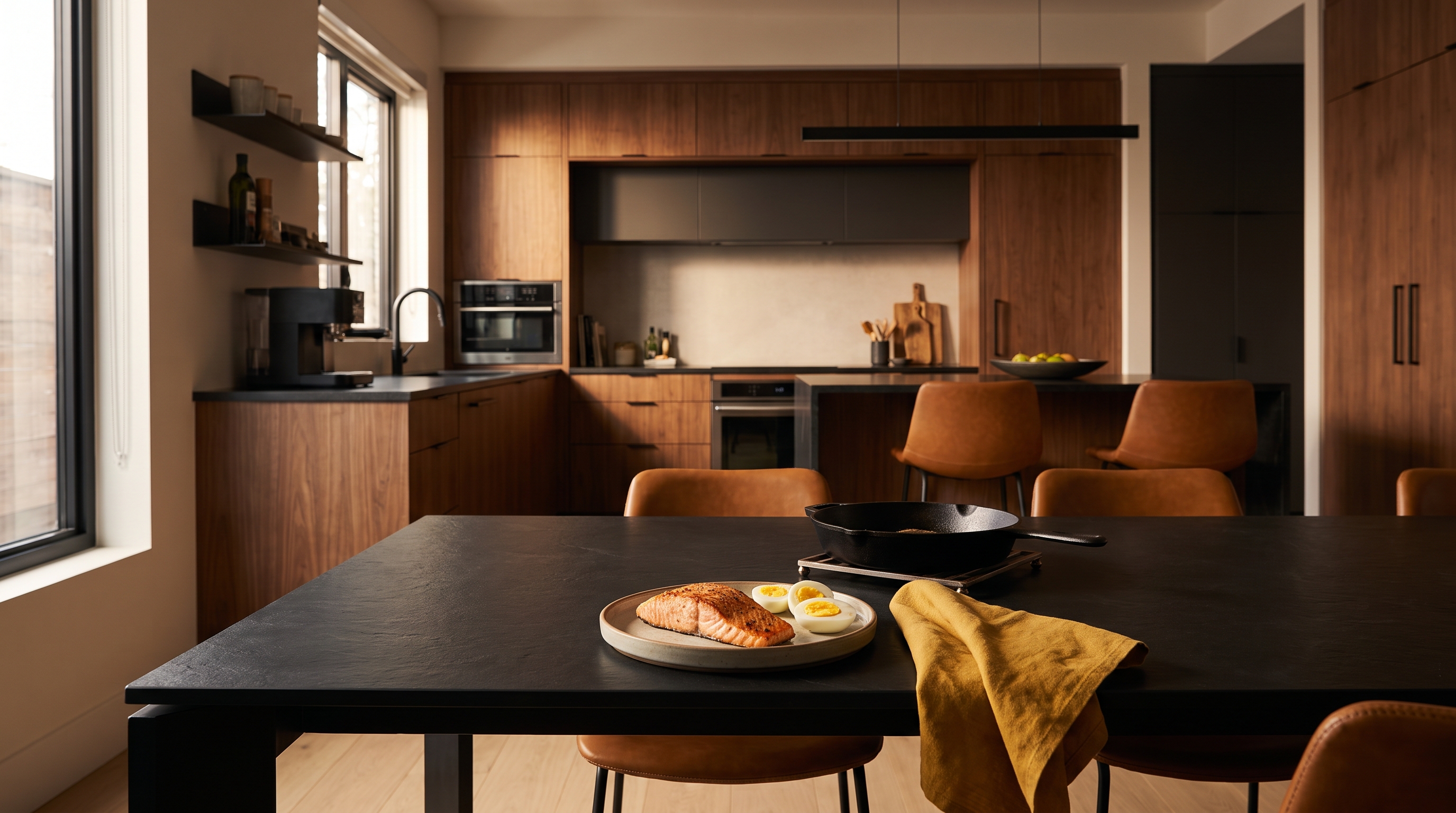 salmon fillet and egg yolks on a wooden board