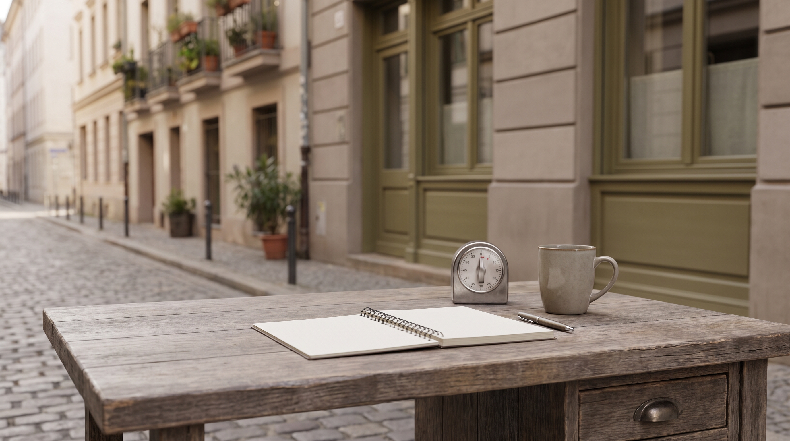 person sitting at desk with a single notebook and timer