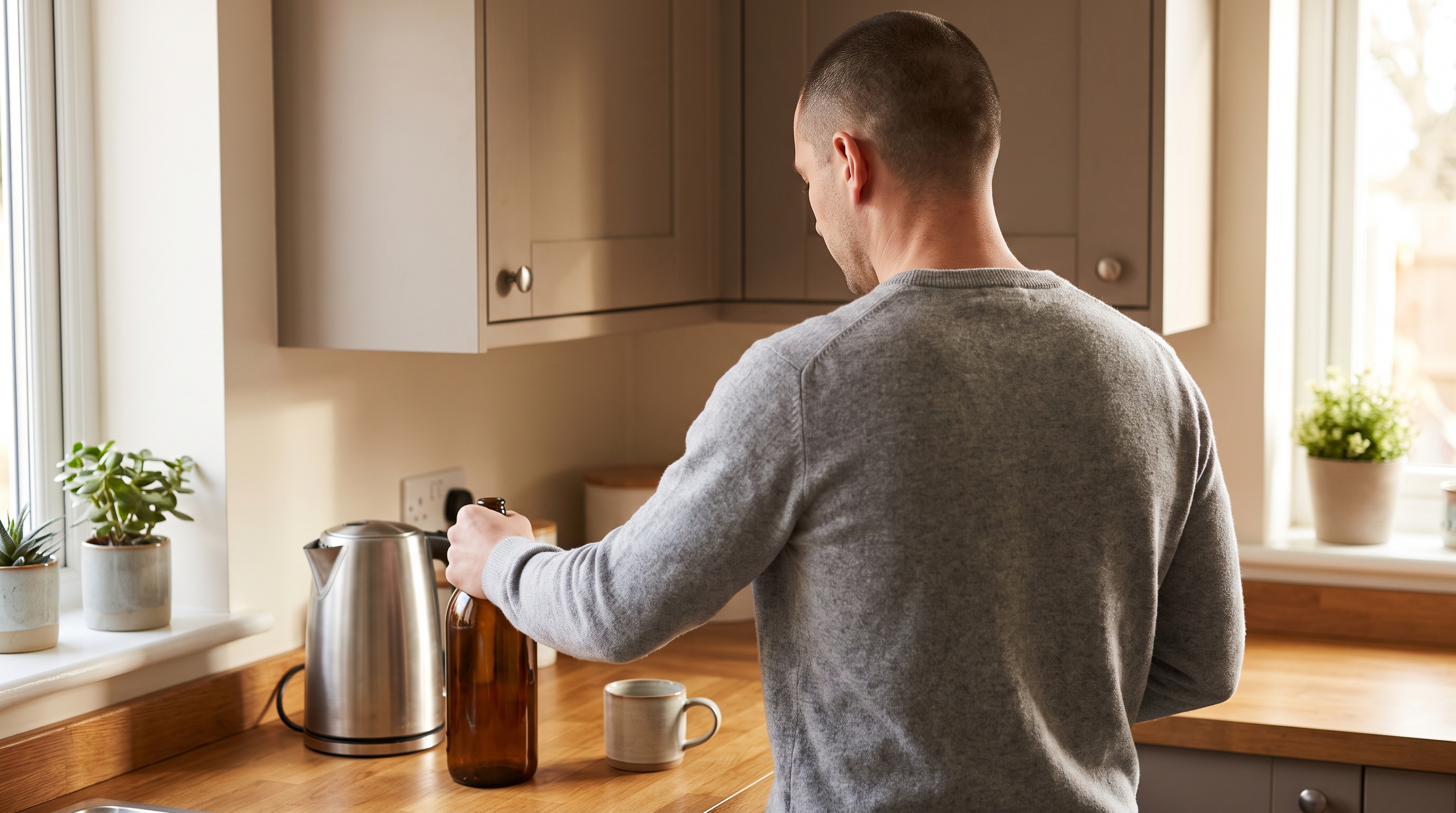 person placing vitamins next to kettle on kitchen counter
