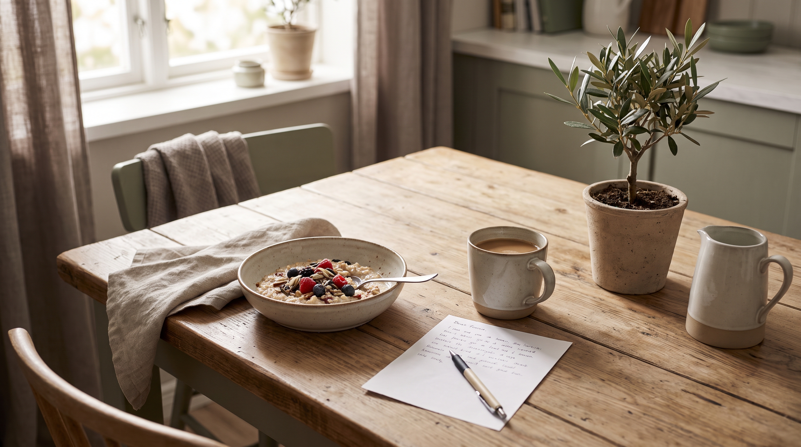 person writing a short checklist at a kitchen table in morning light