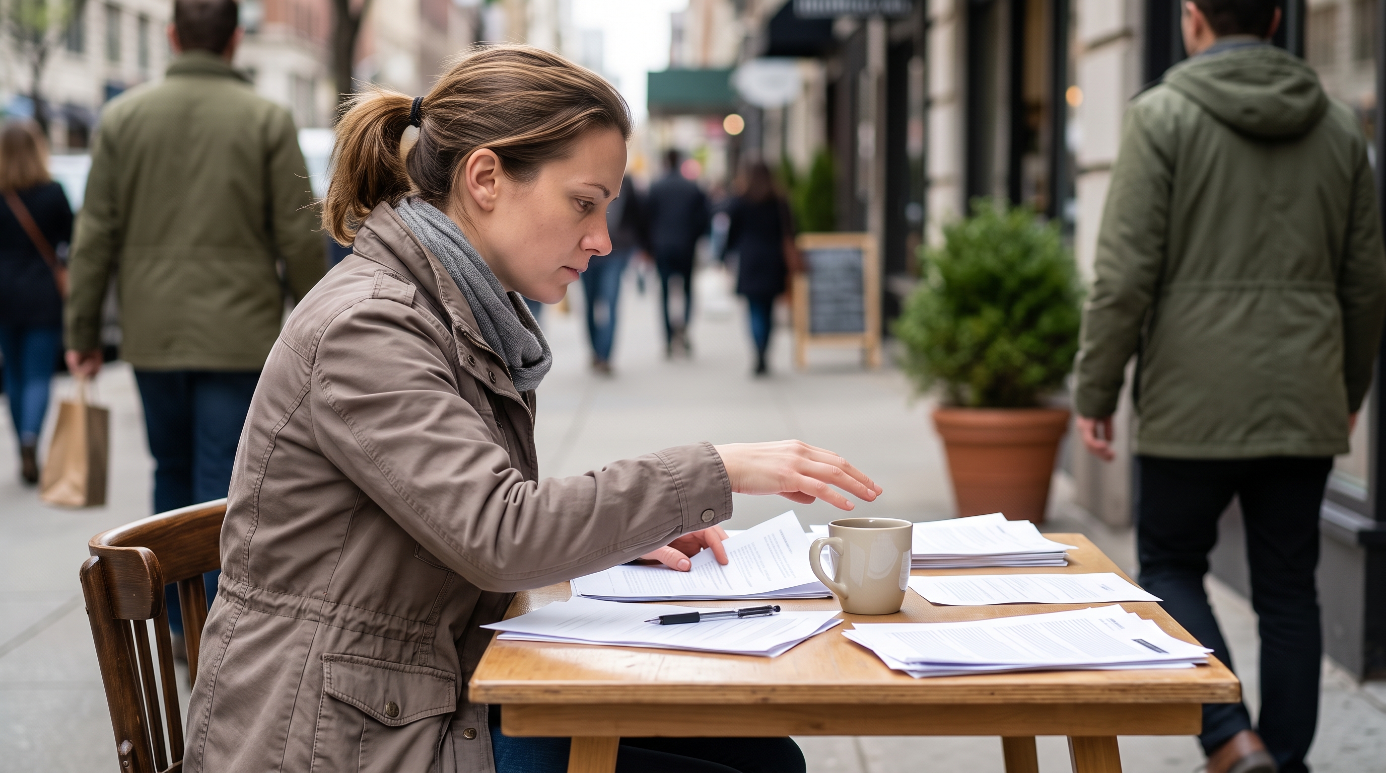 Adult sitting at a cluttered desk staring at an open laptop