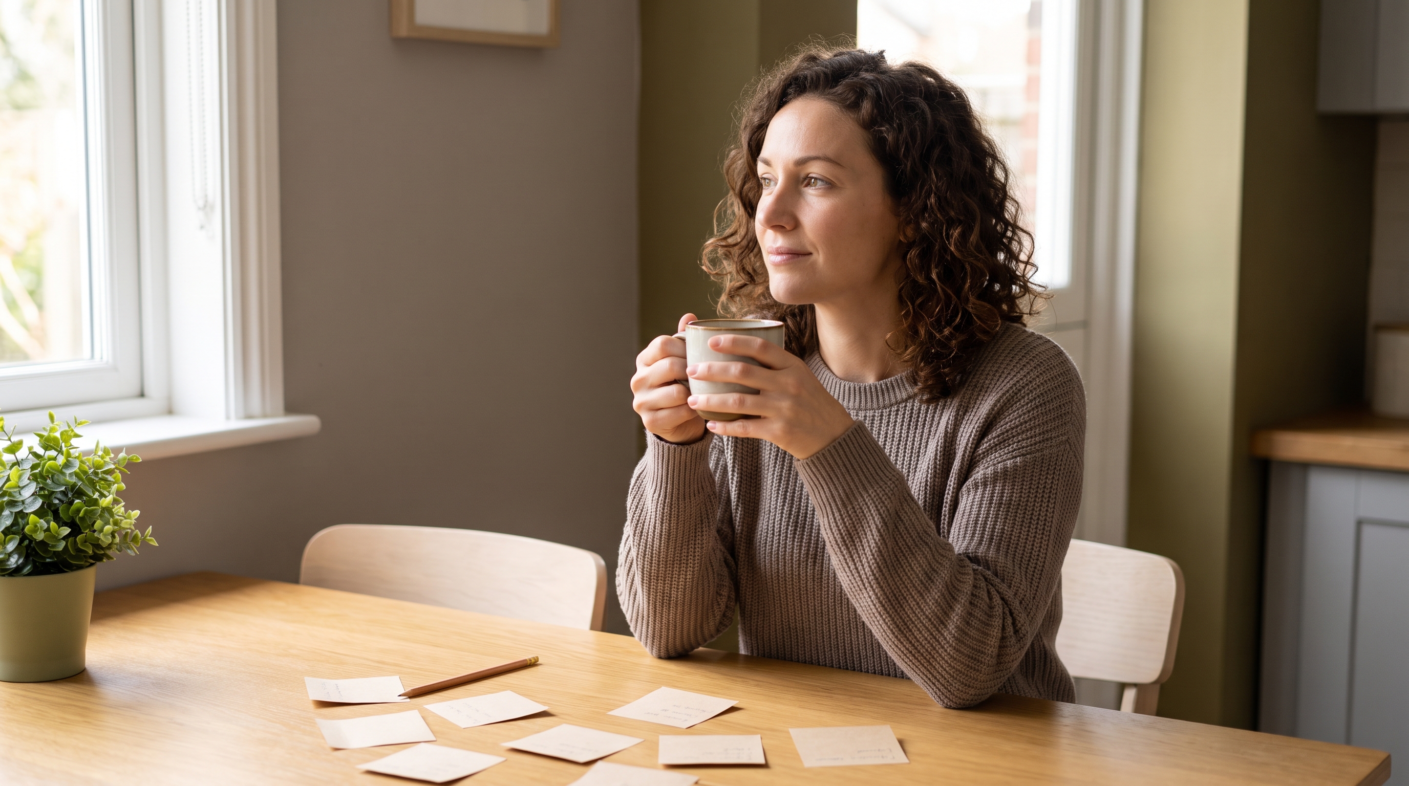 person writing in notebook at kitchen table on sunday evening