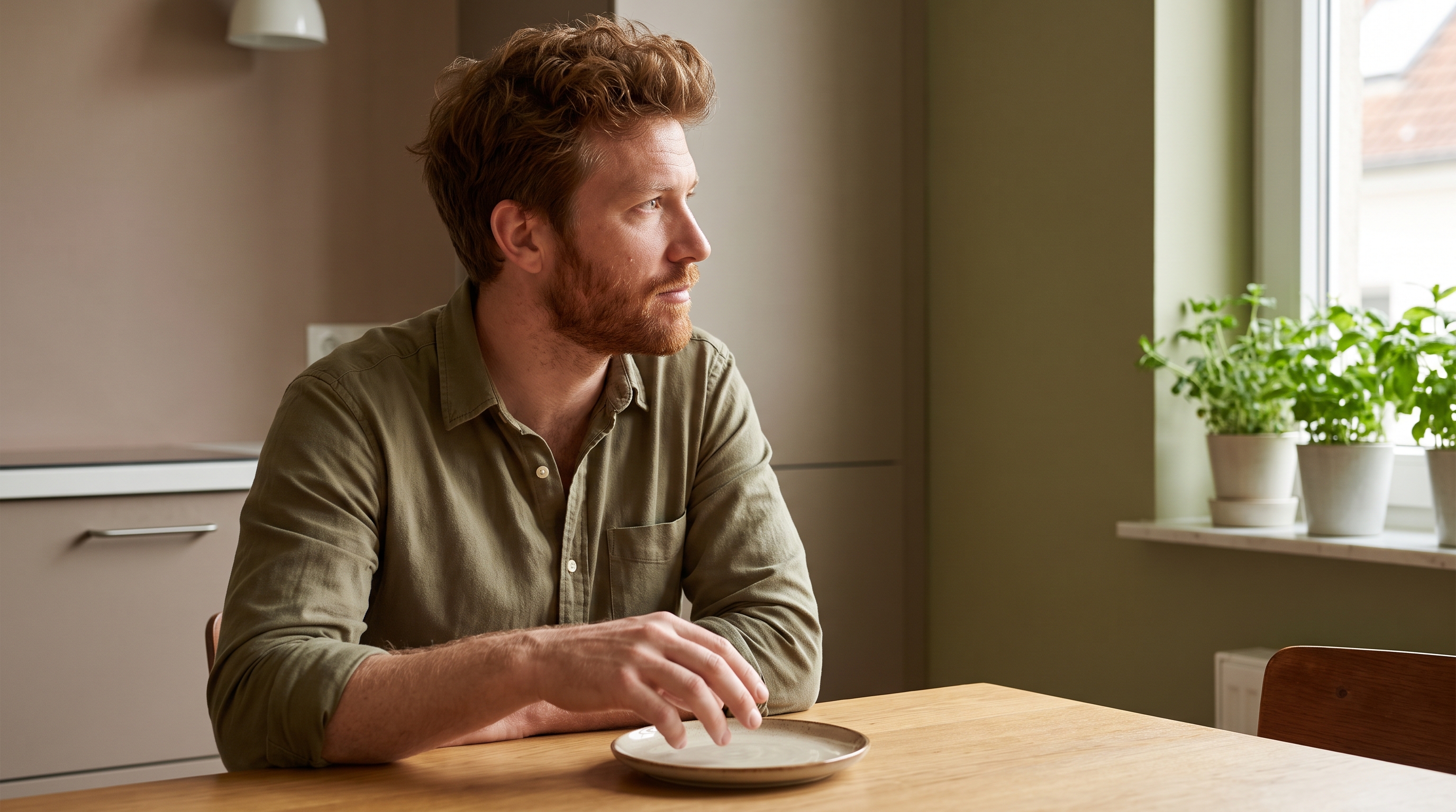 person pausing before reaching for phone at desk