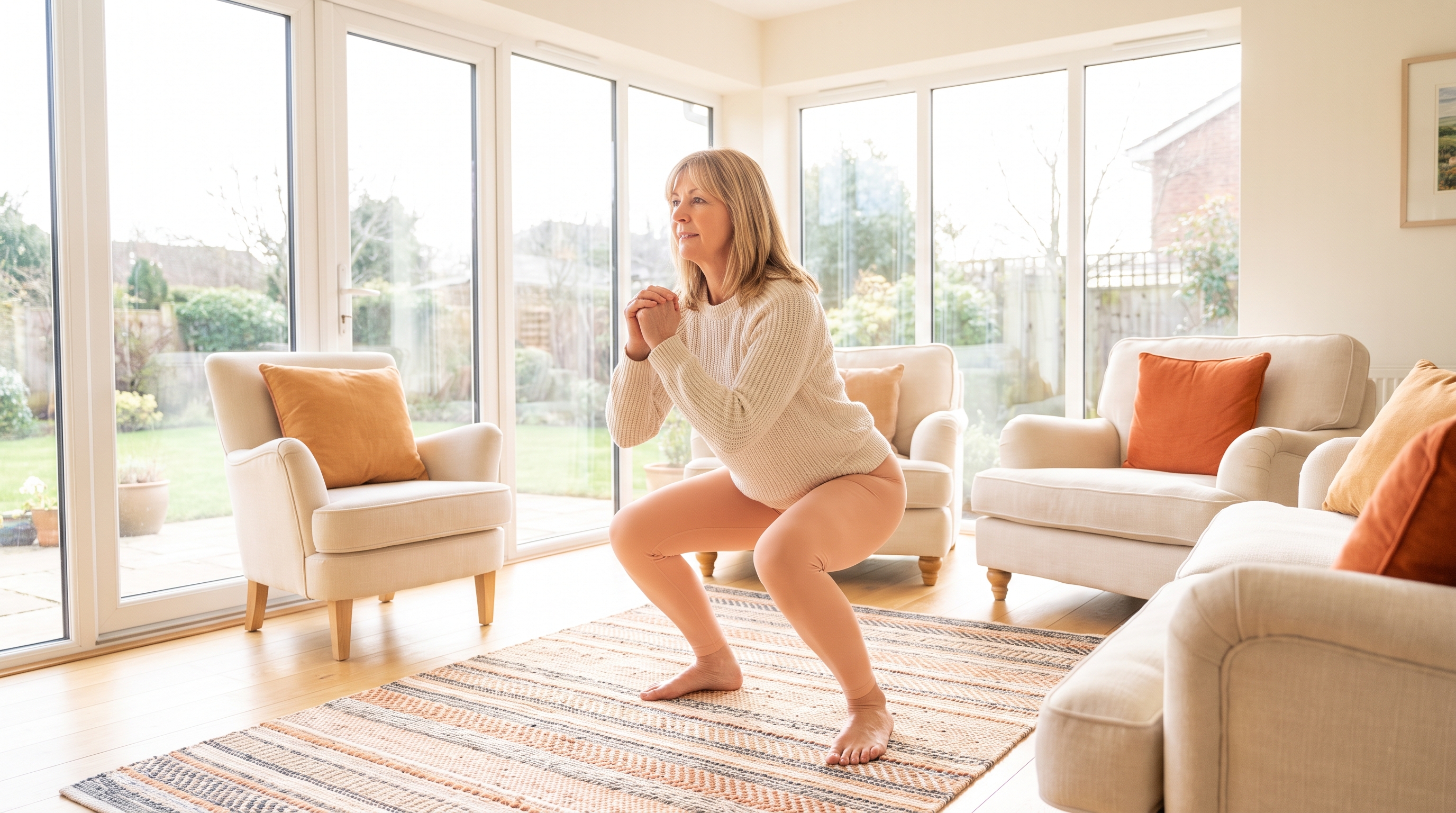 older adult doing bodyweight squats in a living room