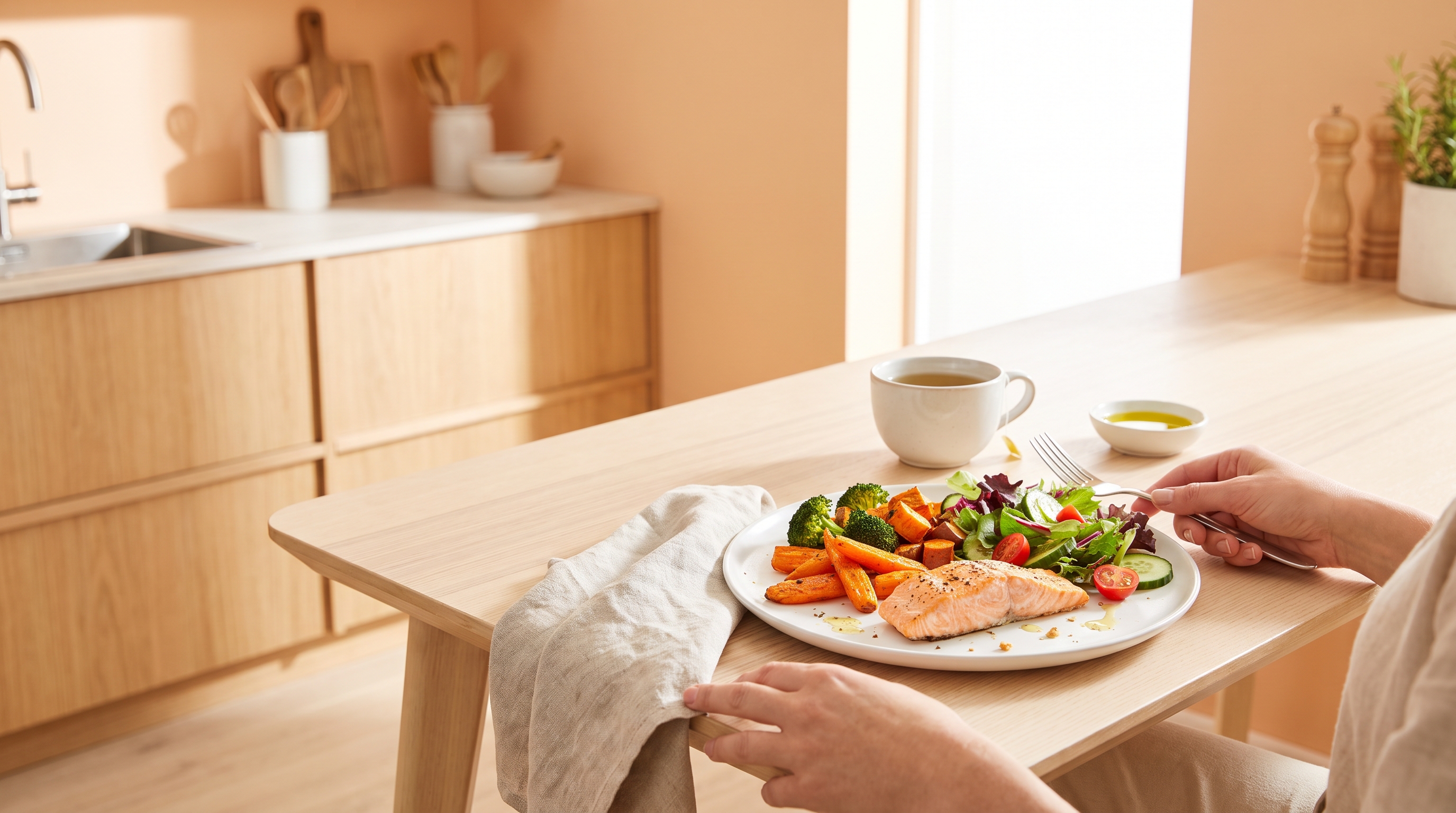 colourful plate of vegetables, oily fish and olive oil on a kitchen table