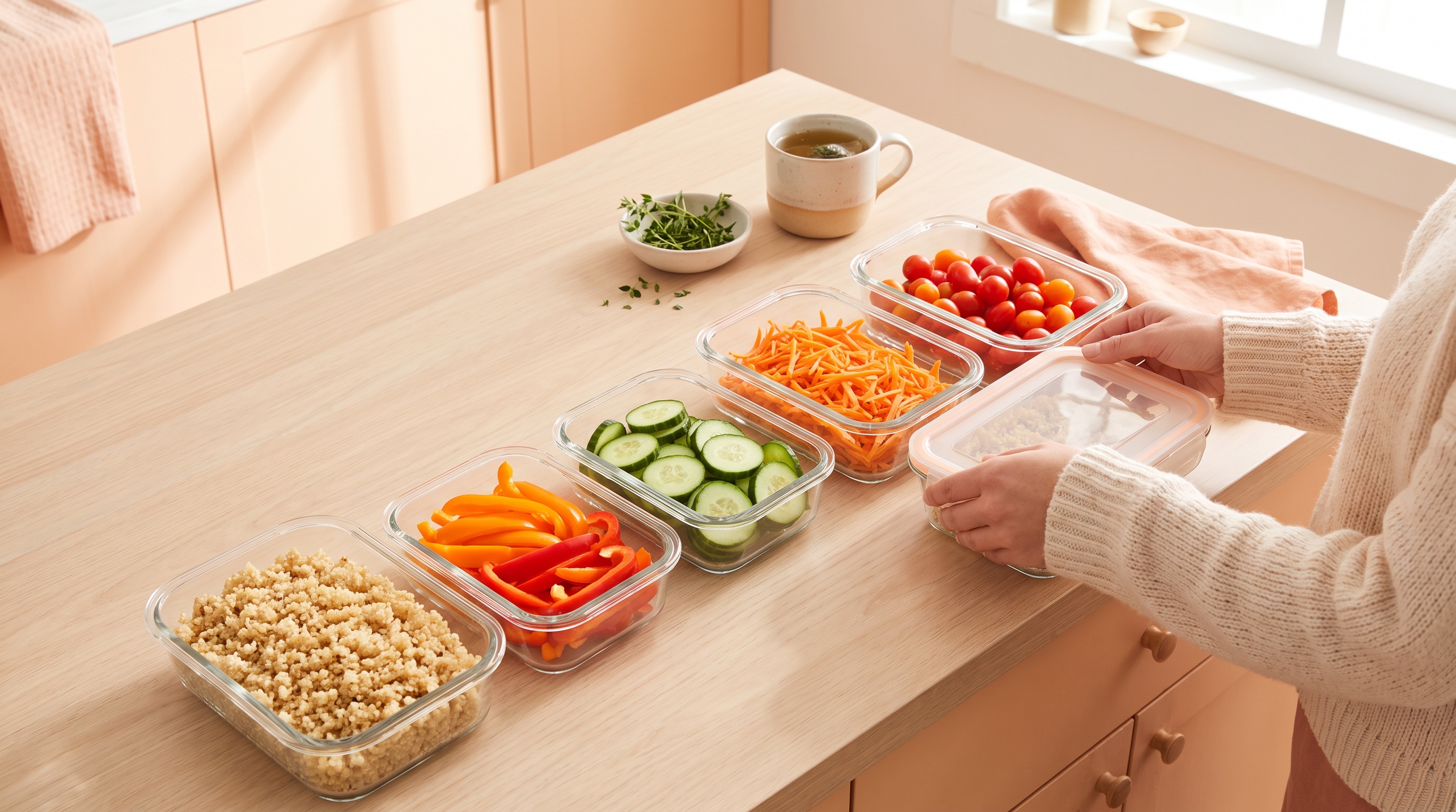 containers of prepped vegetables and grains lined up on a kitchen counter