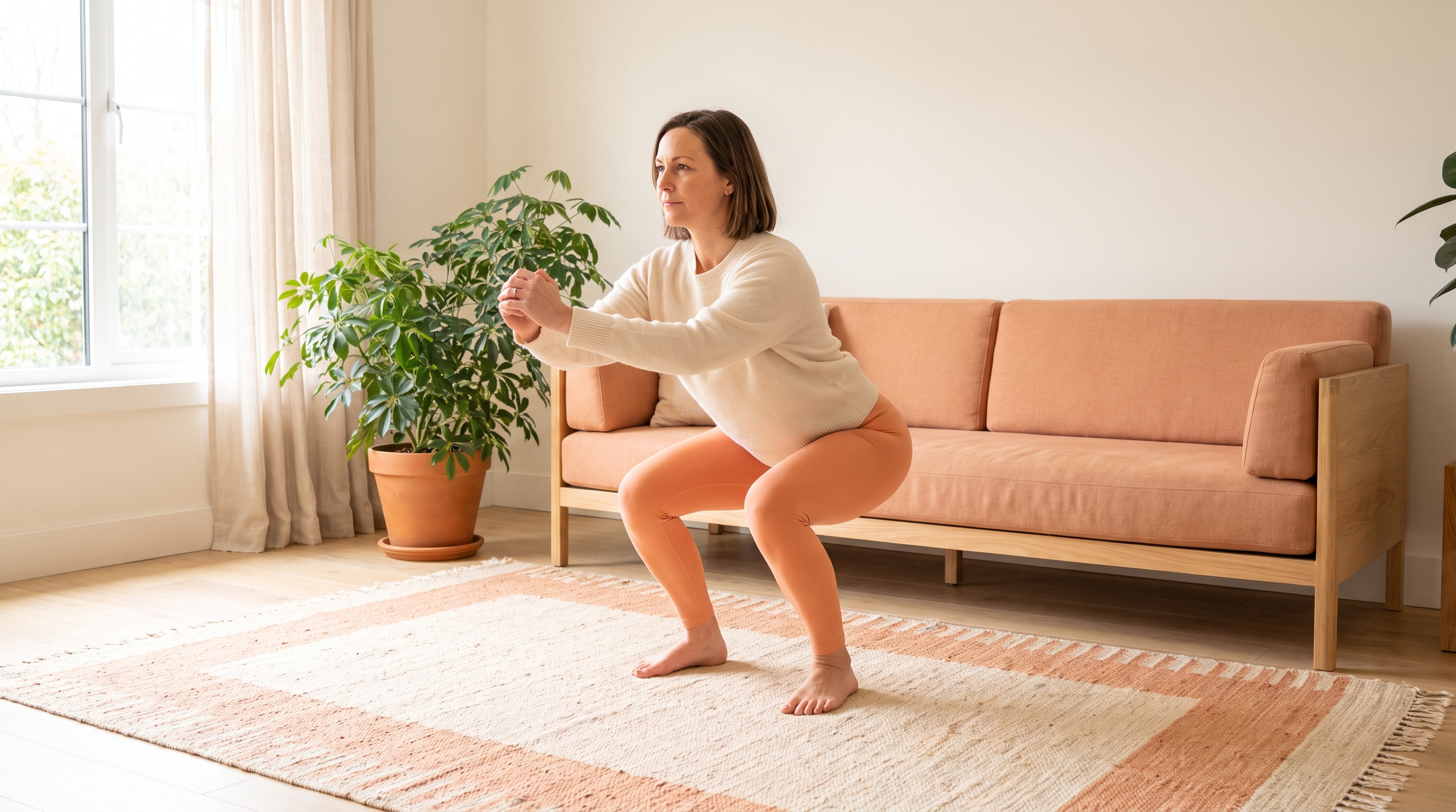 woman doing bodyweight squats on living room floor