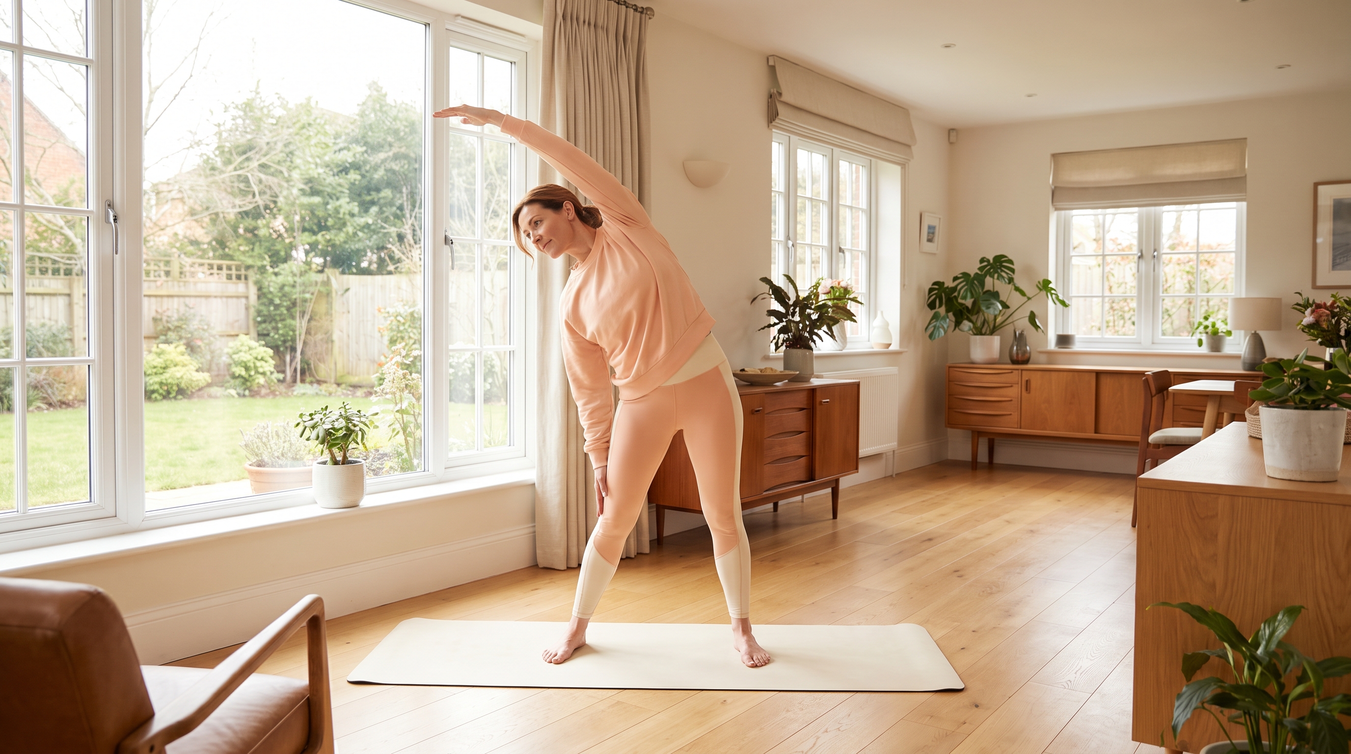 woman doing a standing low impact workout on a yoga mat at home