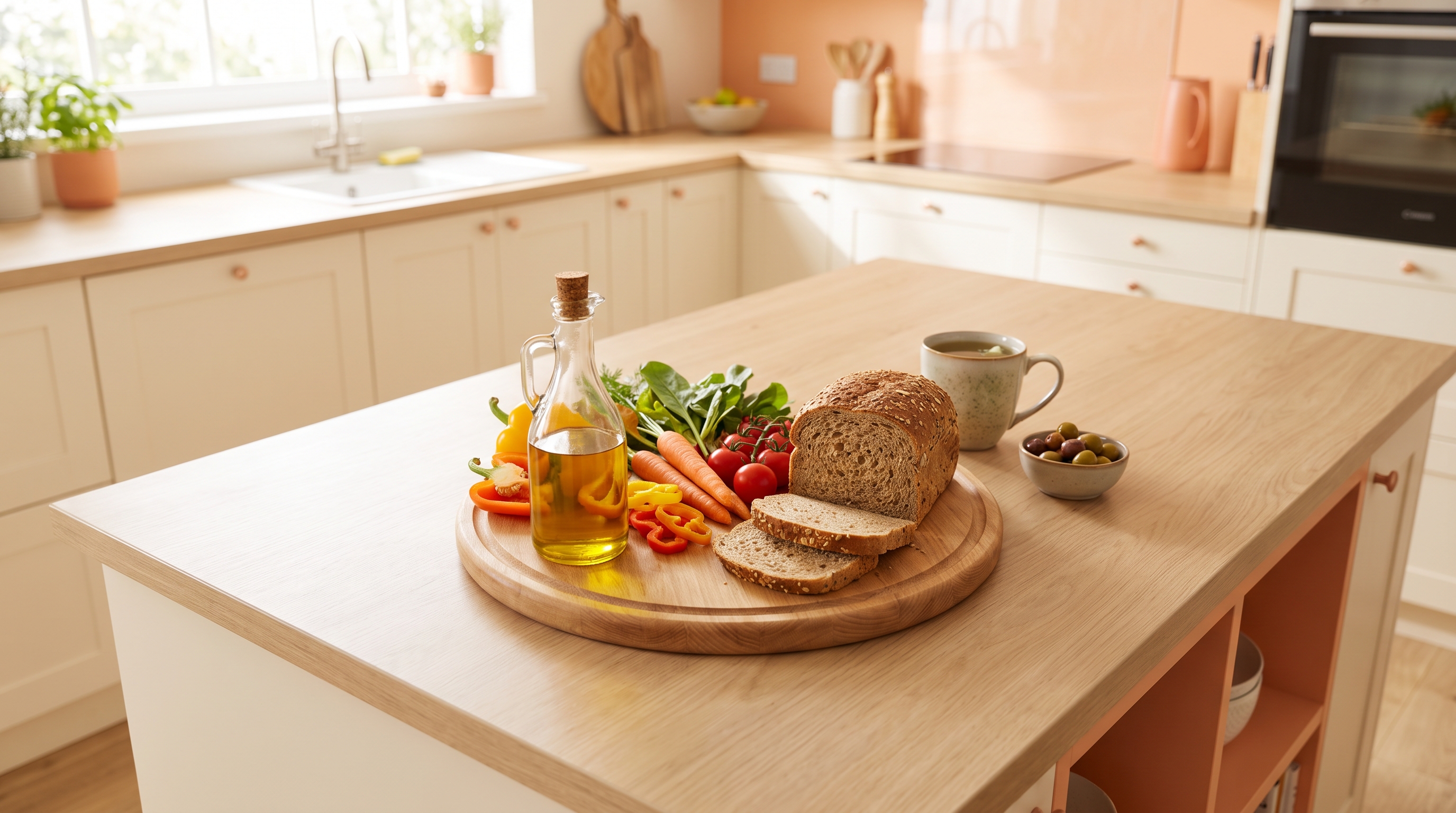wooden table with olive oil, vegetables and whole grain bread