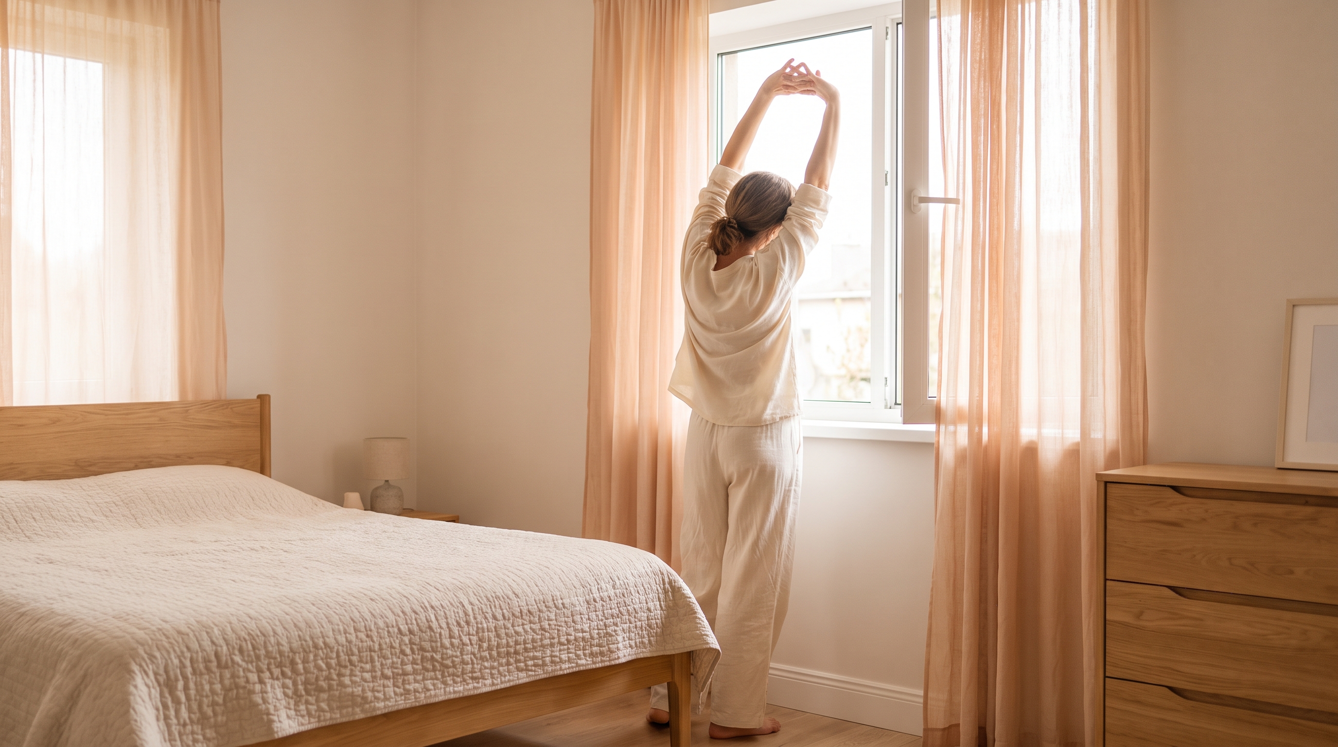 Person stretching arms overhead beside an open bedroom window