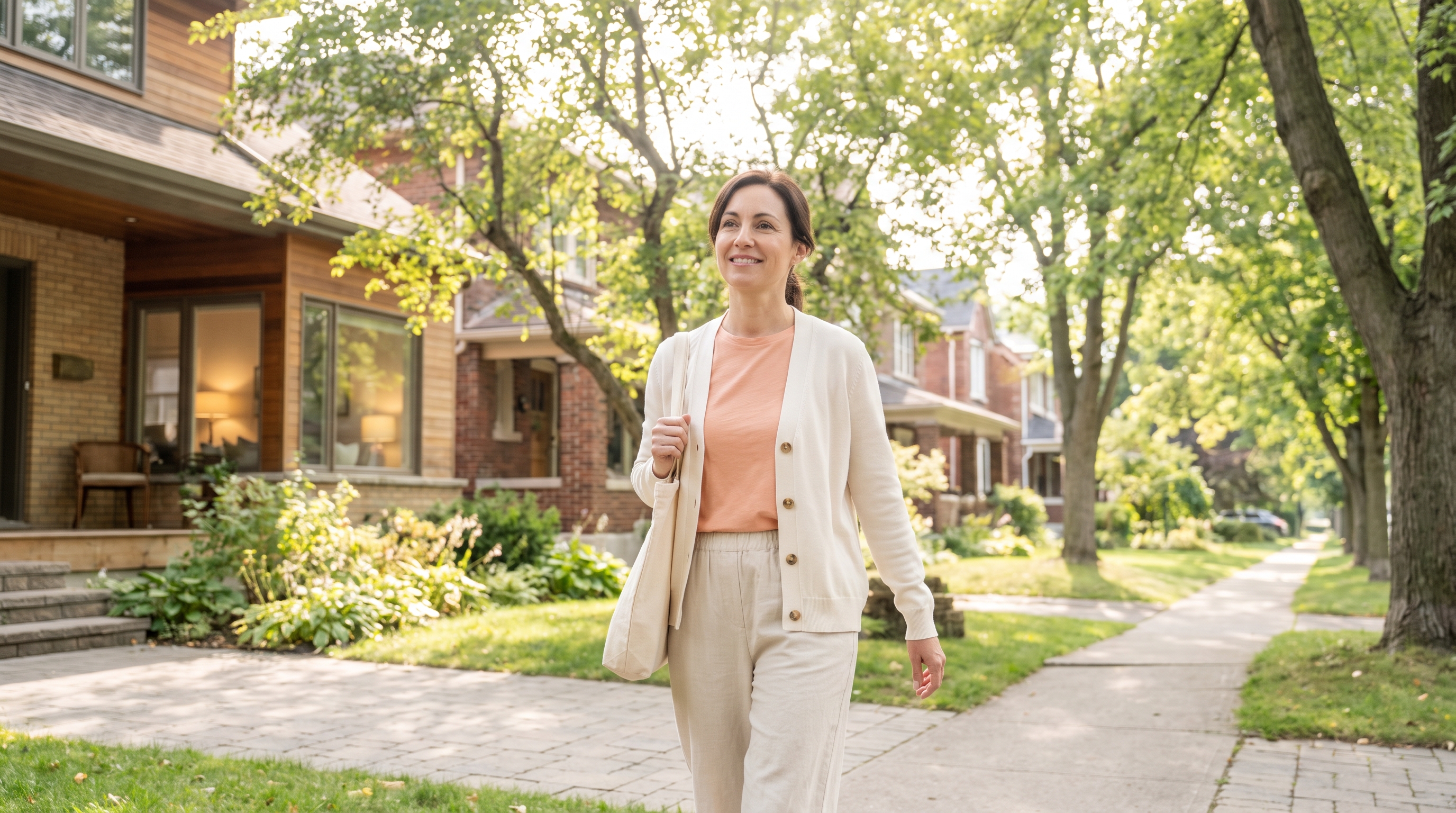 woman walking briskly along a tree-lined street in the morning