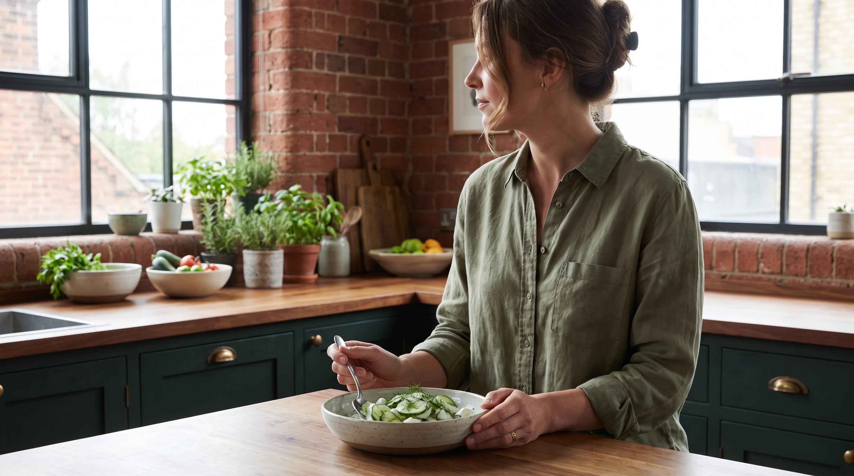 woman eating a bowl of cucumber and yoghurt salad