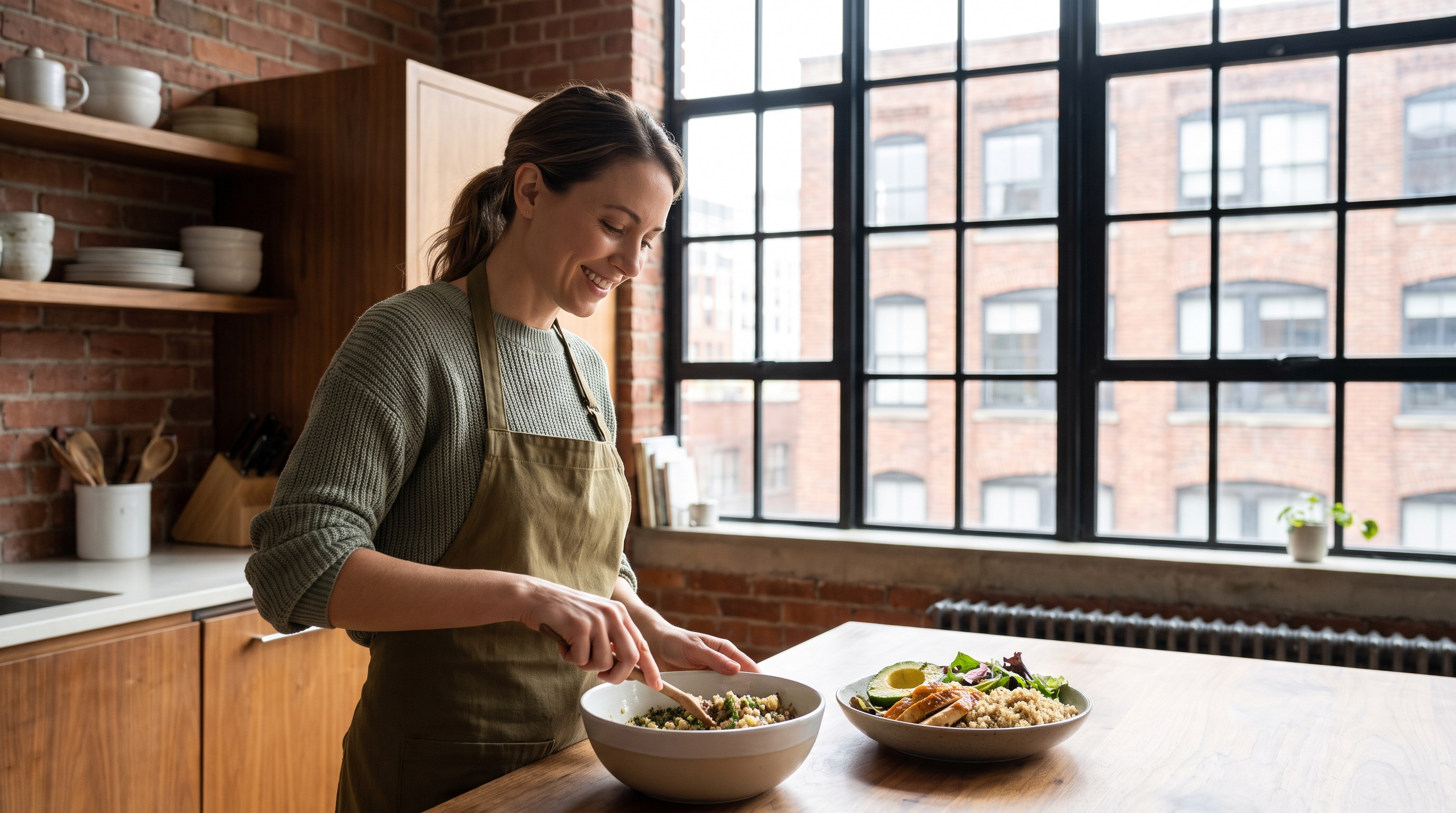 A woman in her 30s in olive clothing smiling while cooking a fresh grain bowl with greens and chicken in an urban-loft kitchen