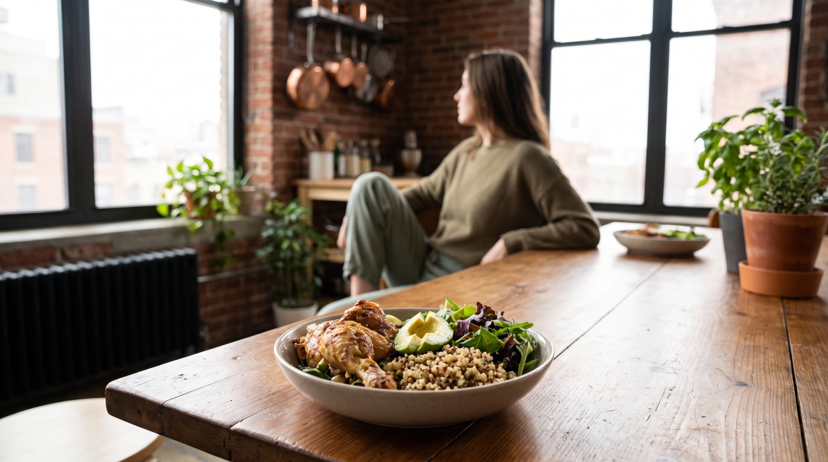 A fresh grain bowl with greens and chicken on a loft dining table