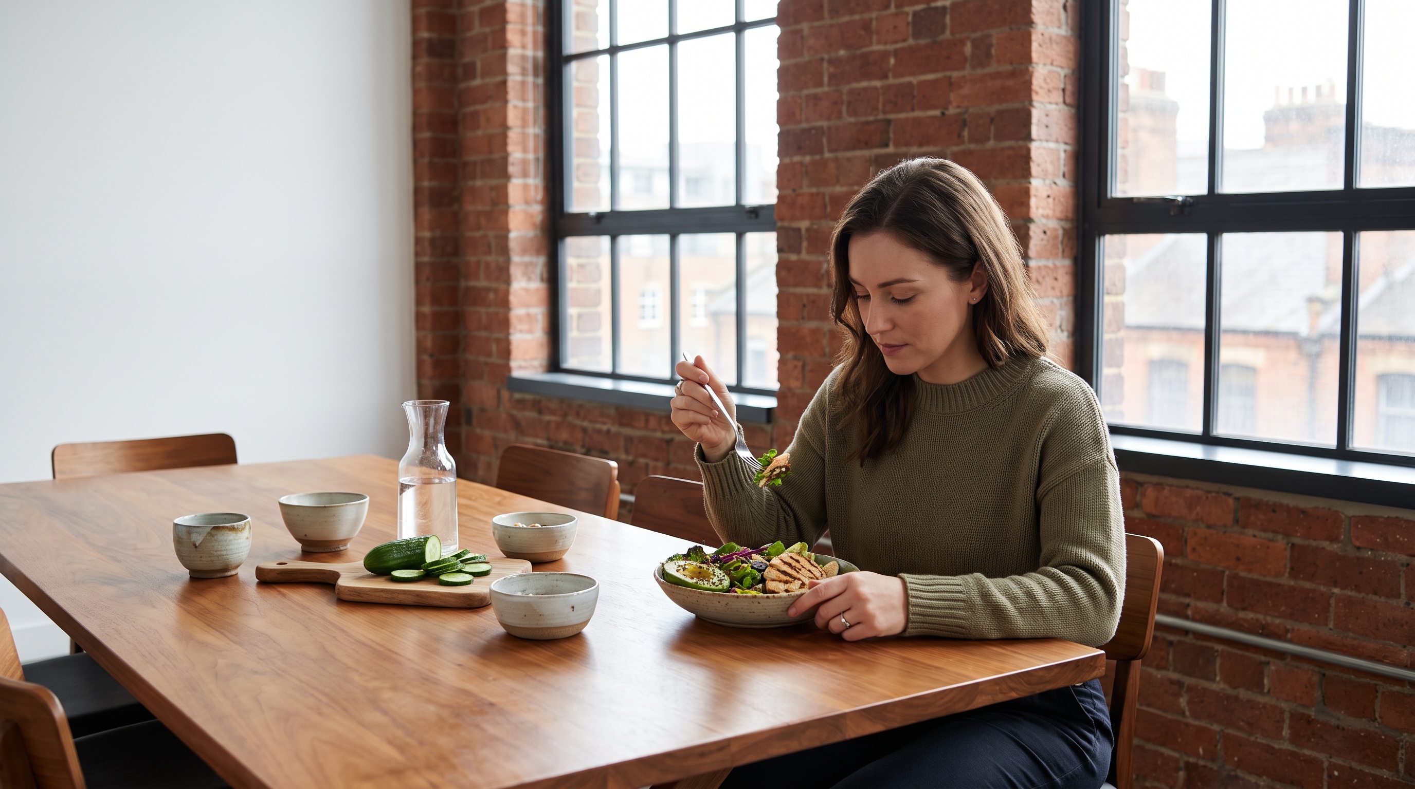 A woman in her 30s in olive clothing enjoying a lean protein salad at a loft dining table