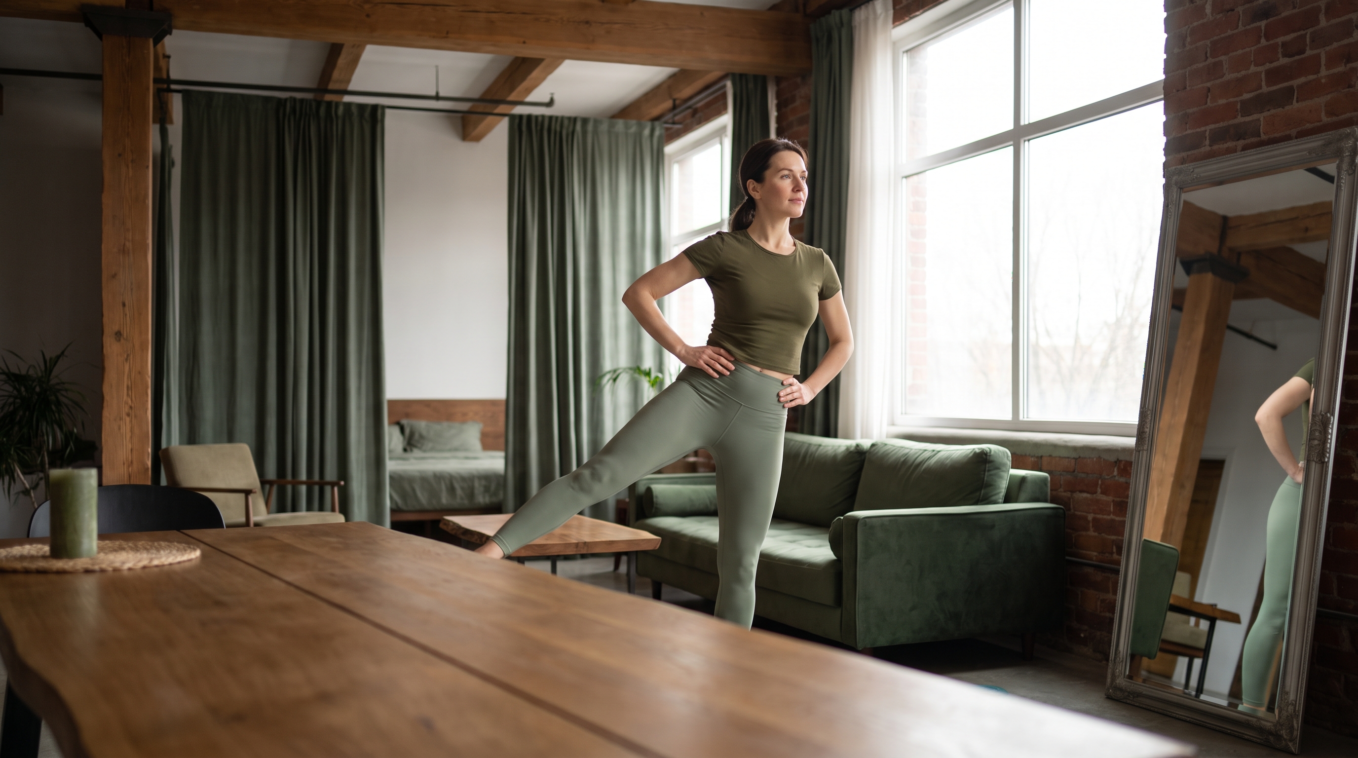 woman doing standing side leg lifts in a living room