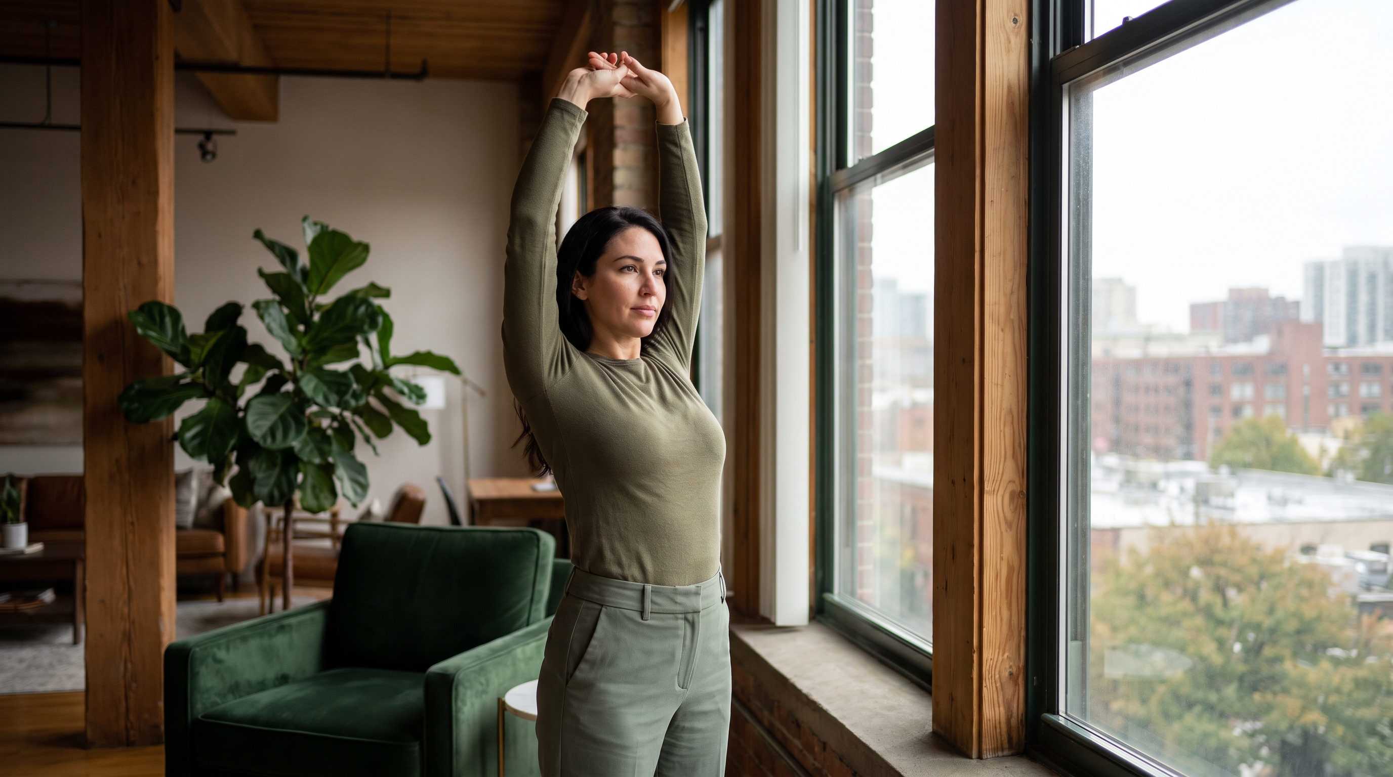 woman stretching arms overhead beside an open window