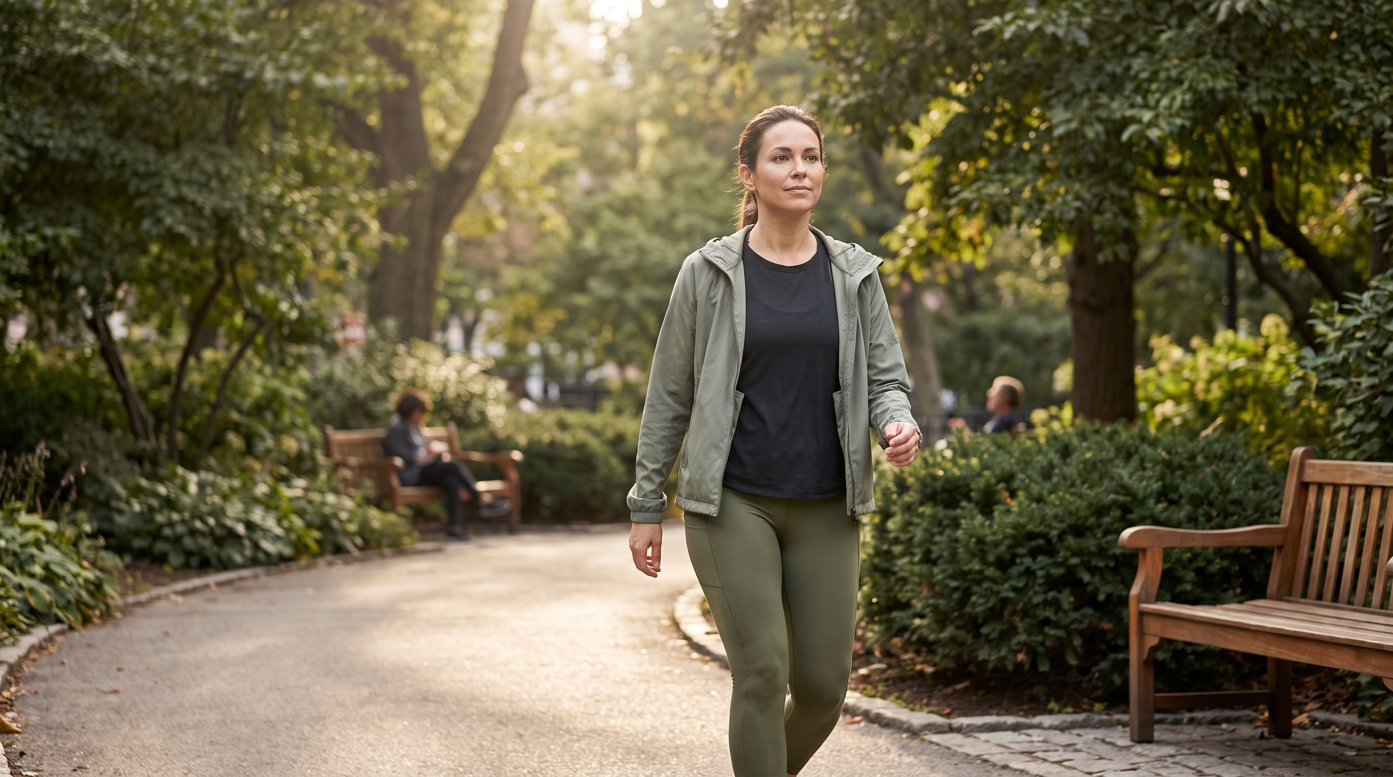 person walking briskly along a tree-lined path