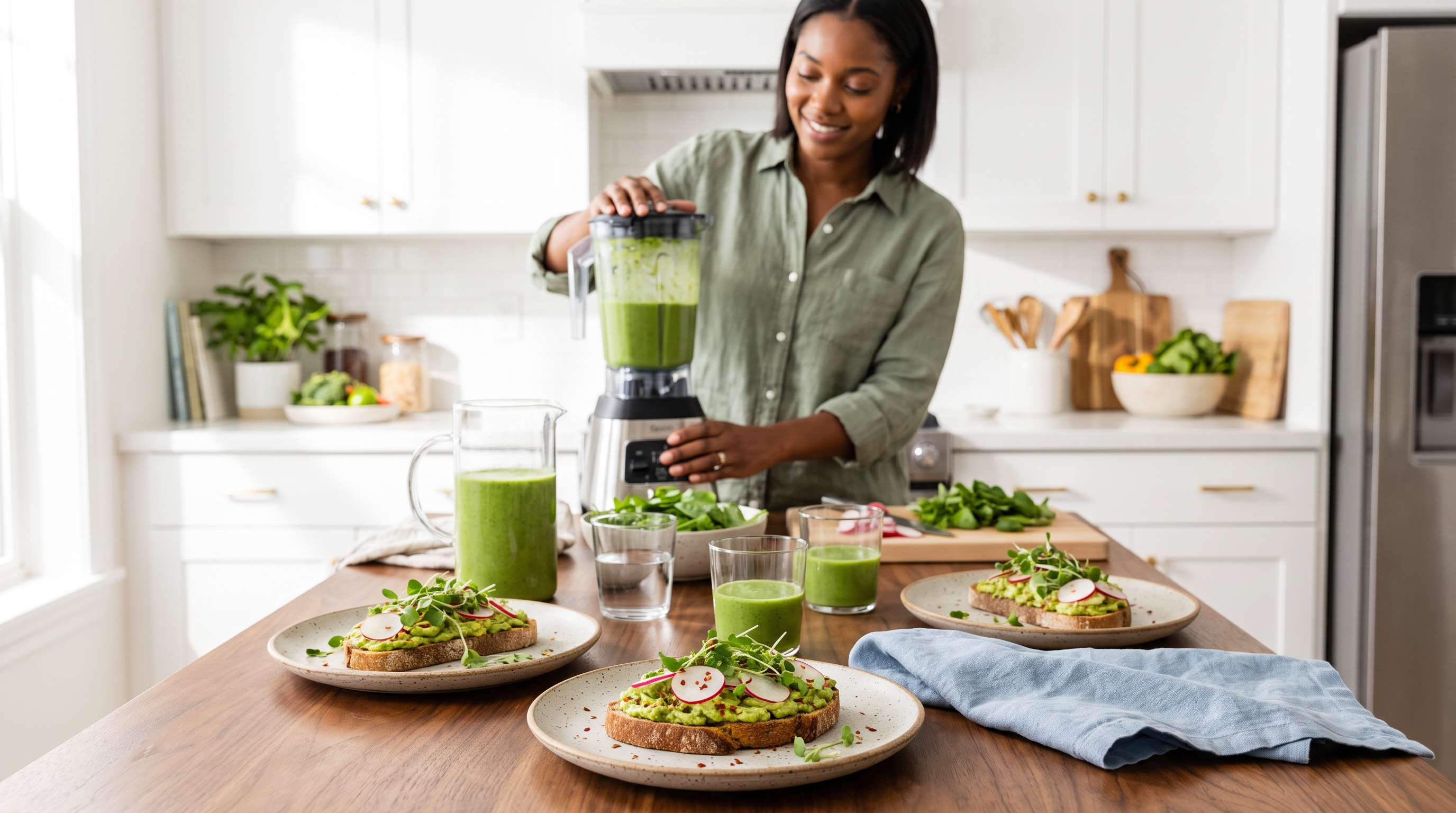 A woman in her late 20s smiling while cooking a green smoothie in a bright white kitchen