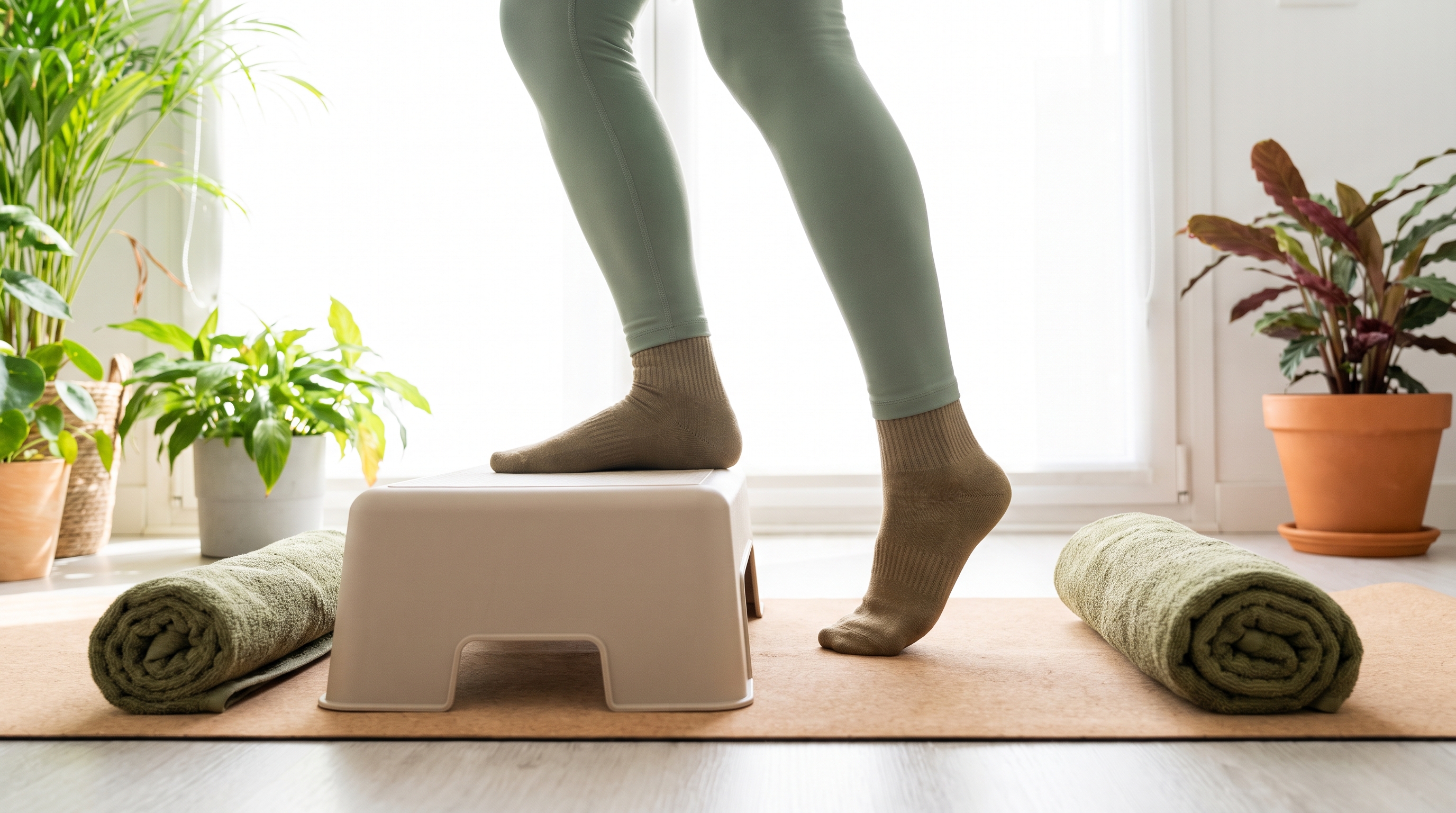 woman doing a low impact step routine on a yoga mat at home