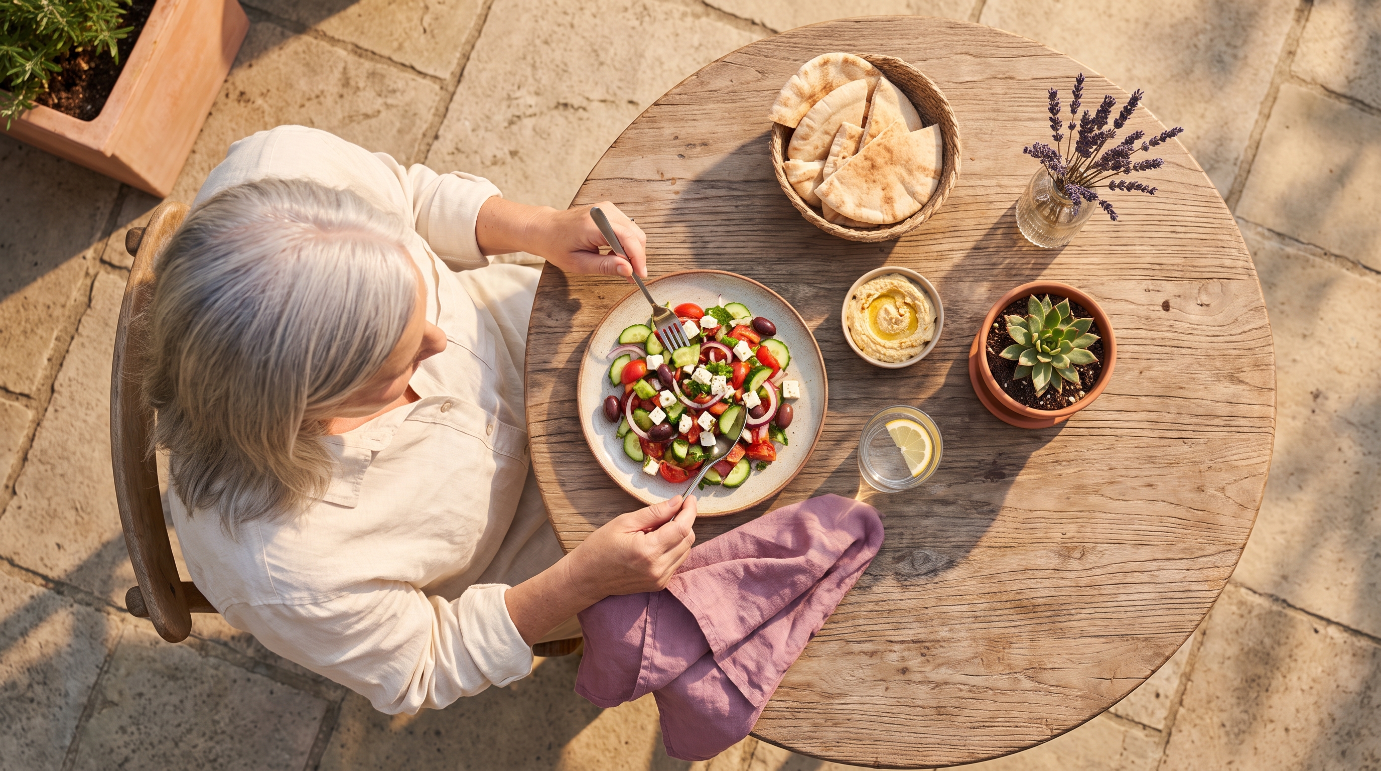 A woman in her 50s with silver hair eating a plated Mediterranean salad at a sunny patio table