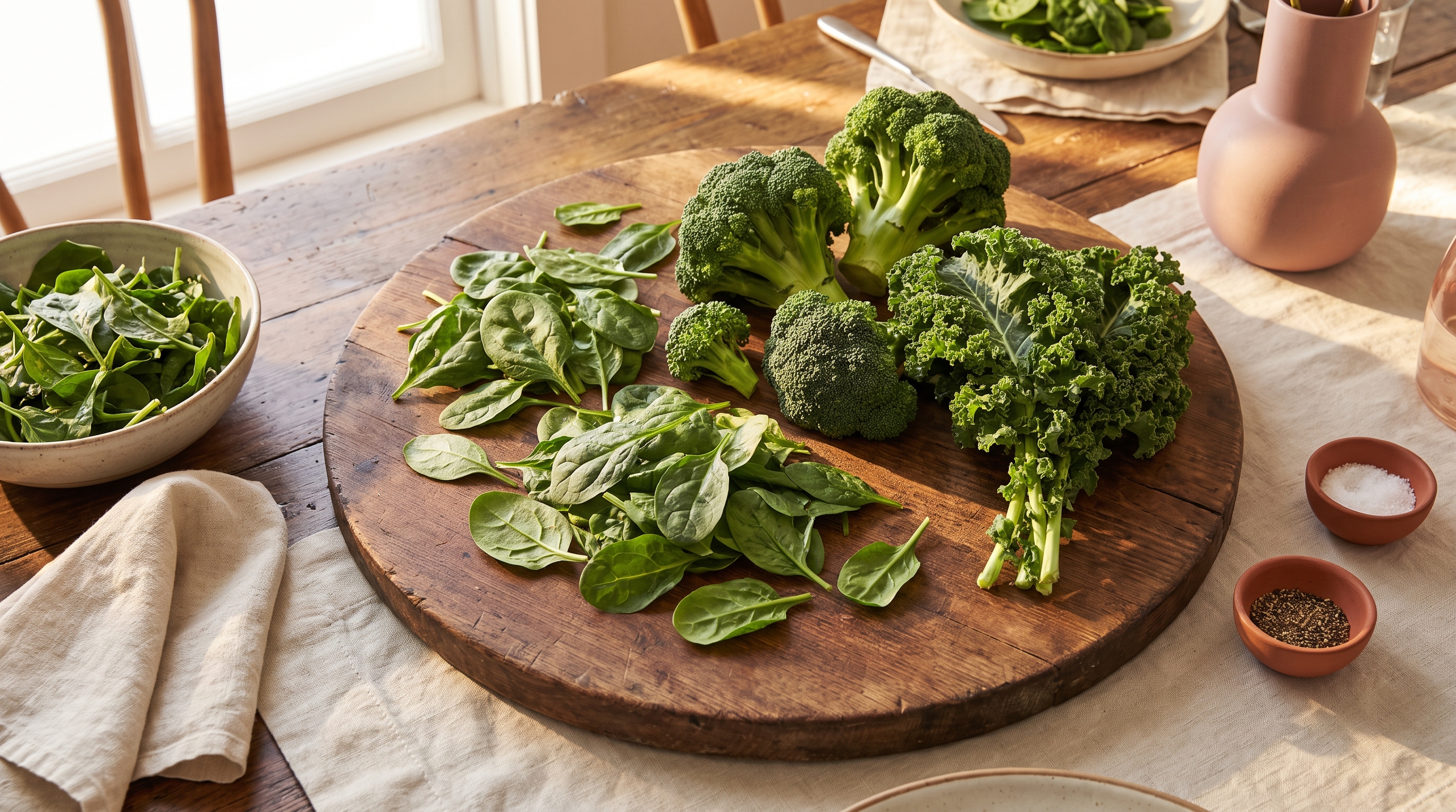 leafy green vegetables on a wooden chopping board