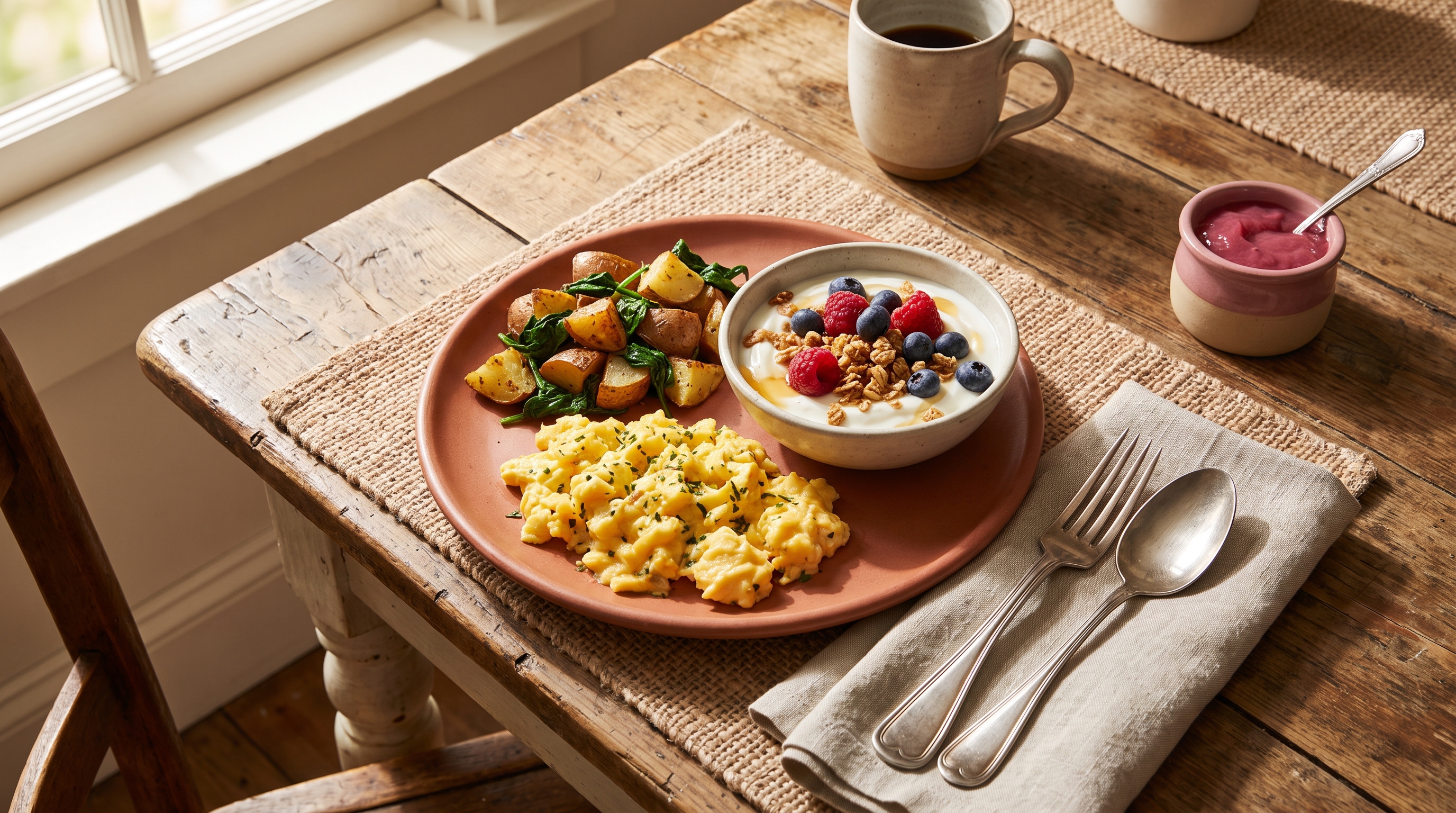 plate of eggs and yoghurt with berries on a kitchen table