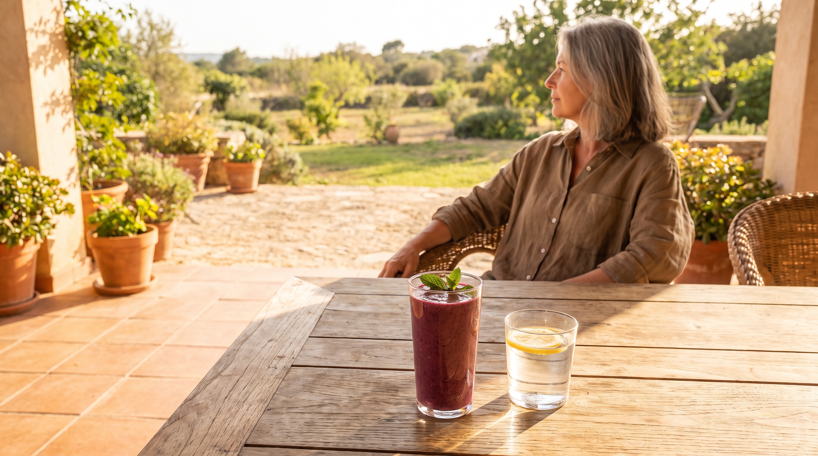 A fruit smoothie on a sunny patio table beside a glass of water
