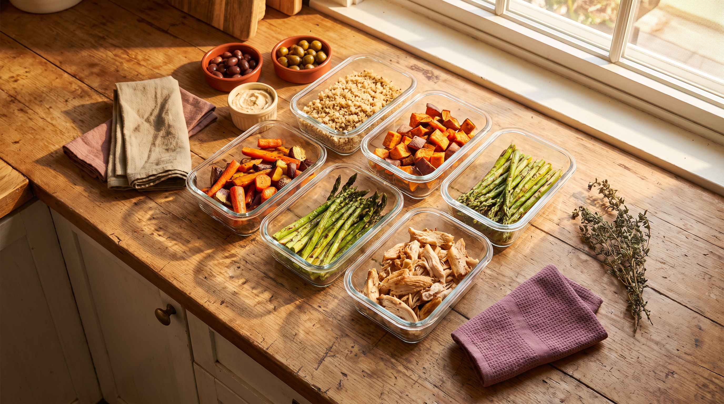 containers of prepped meals lined up on a kitchen counter