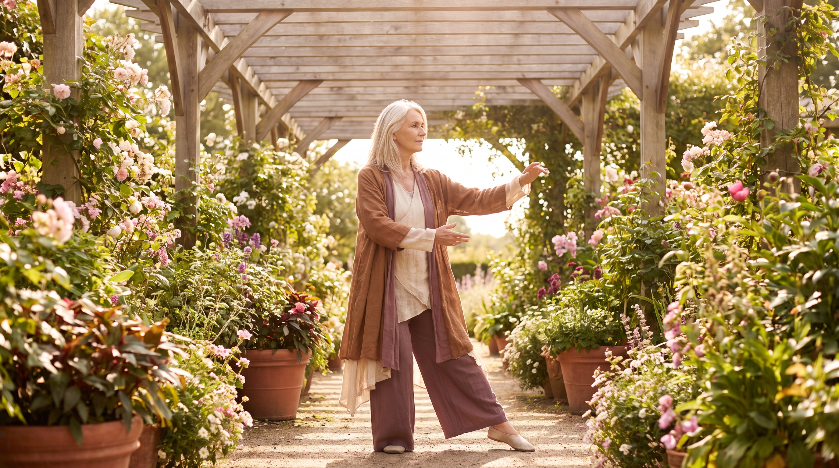 older adult practising slow tai chi movements in a garden