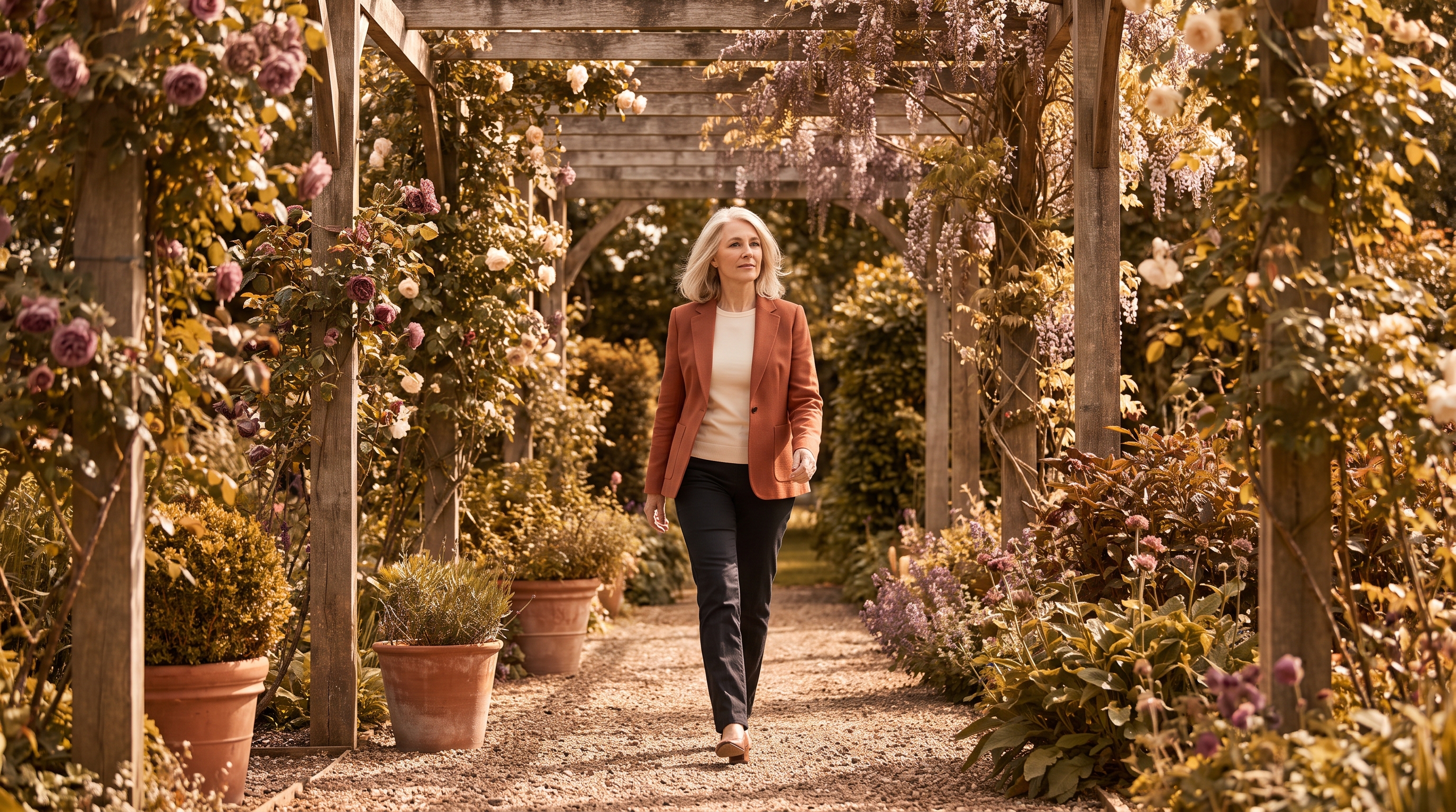 Woman walking briskly along a tree-lined path