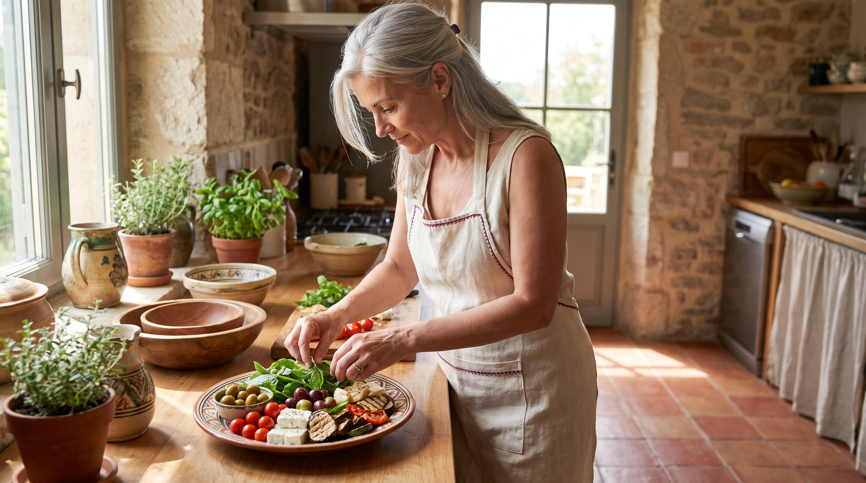 A woman in her 50s with silver hair plating a plated Mediterranean salad in a rustic kitchen