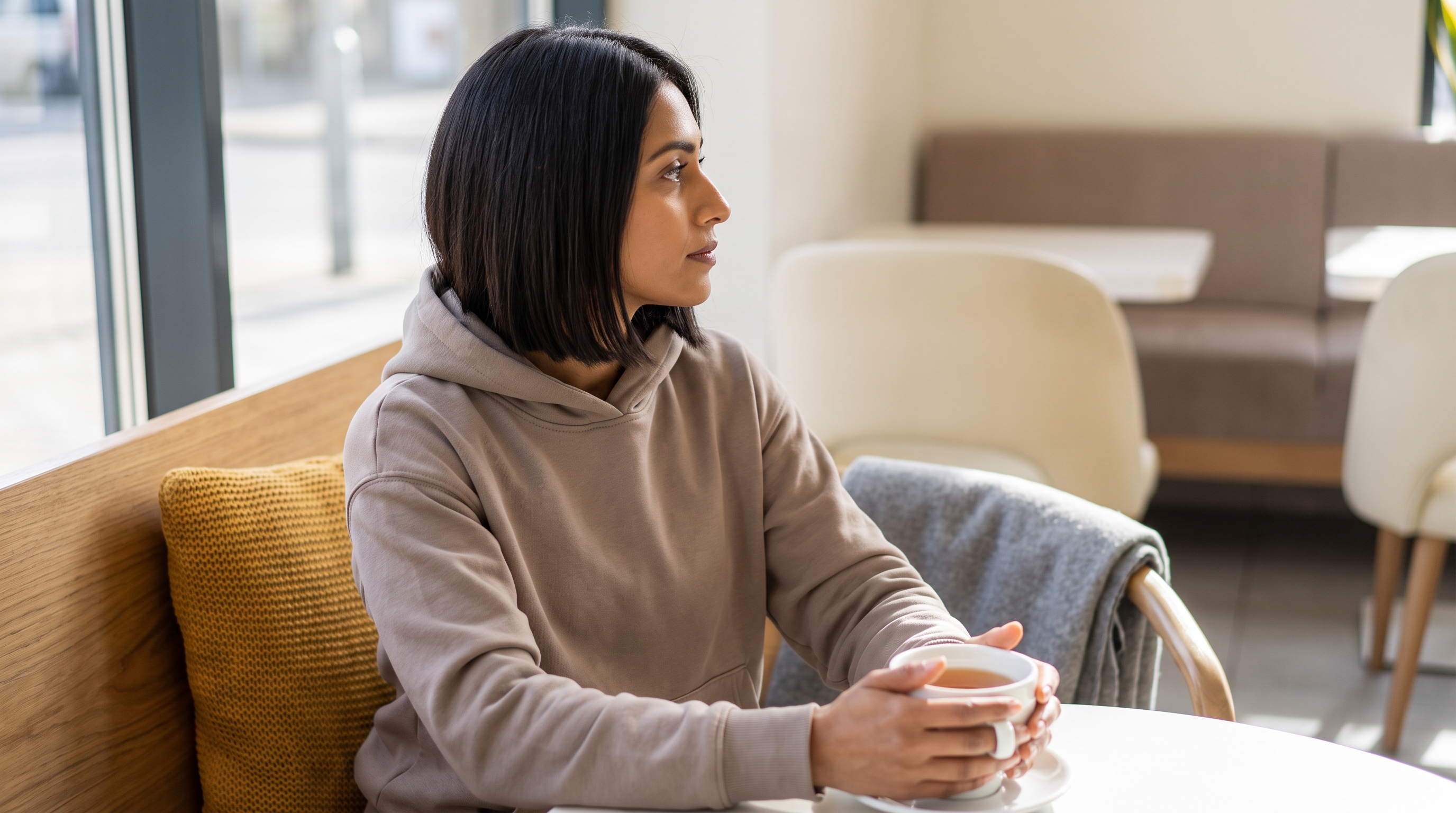 A fit woman in her 20s in neutral activewear sitting at a clean white table with a cup of tea