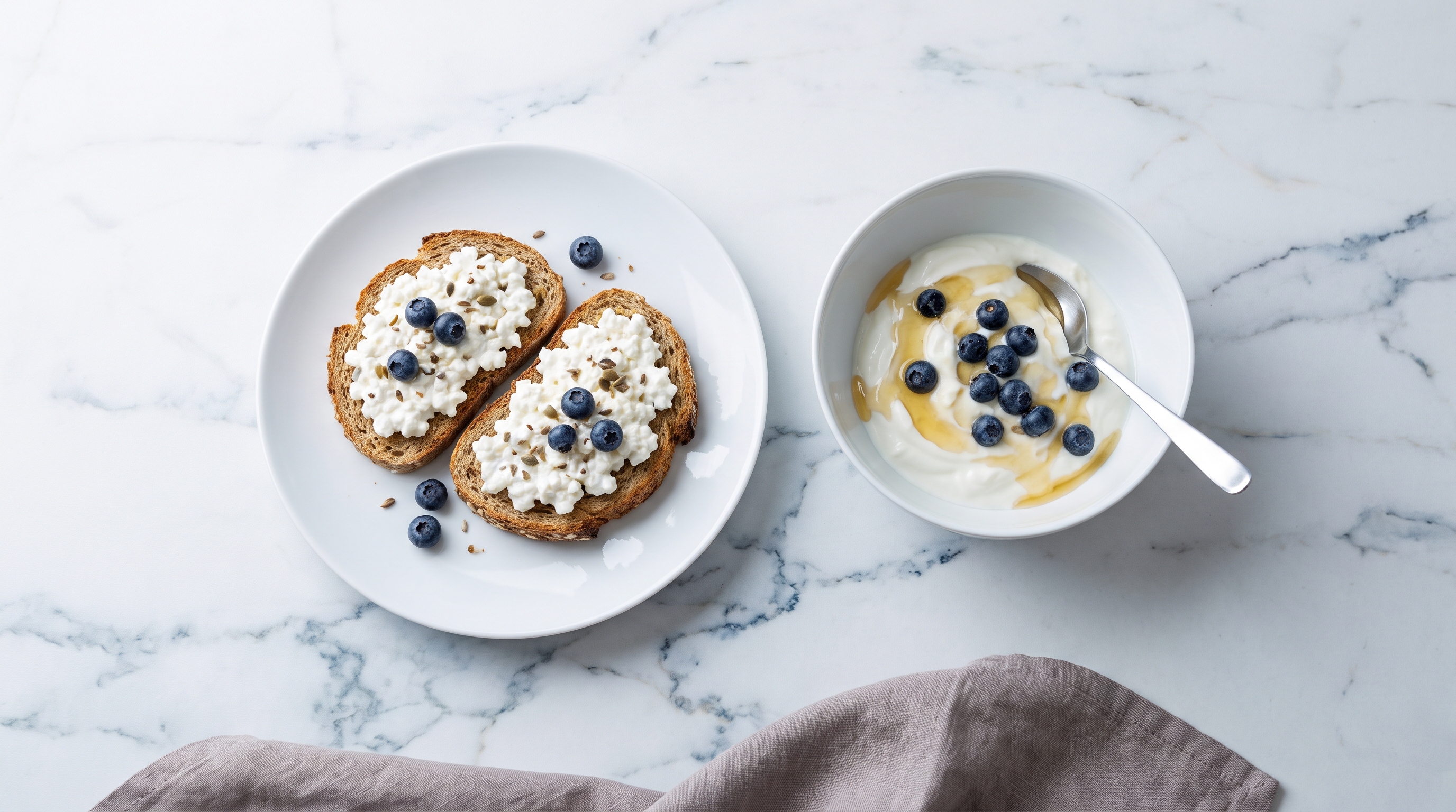 hands adding a spoon of cottage cheese onto wholegrain toast