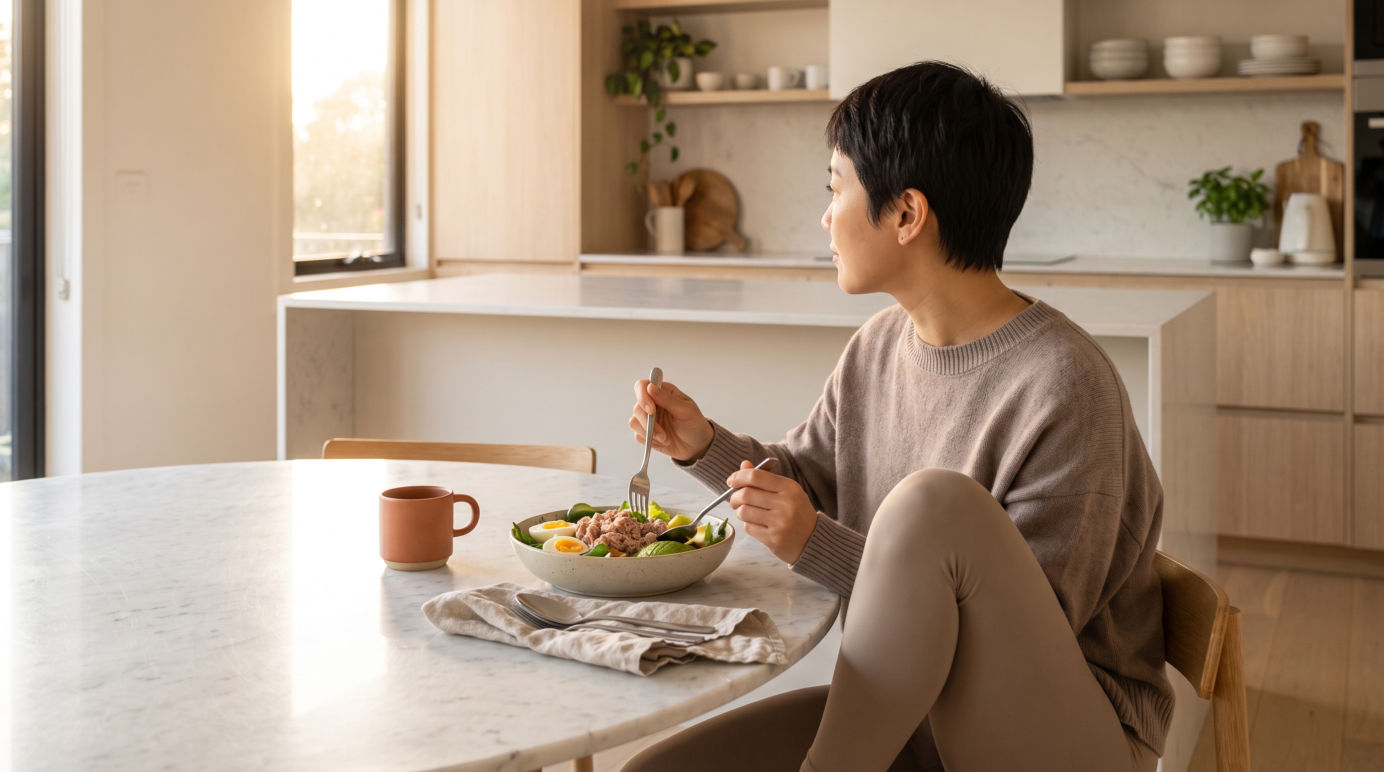 A fit woman in her 20s in neutral activewear enjoying a salmon and egg protein bowl at a clean white table