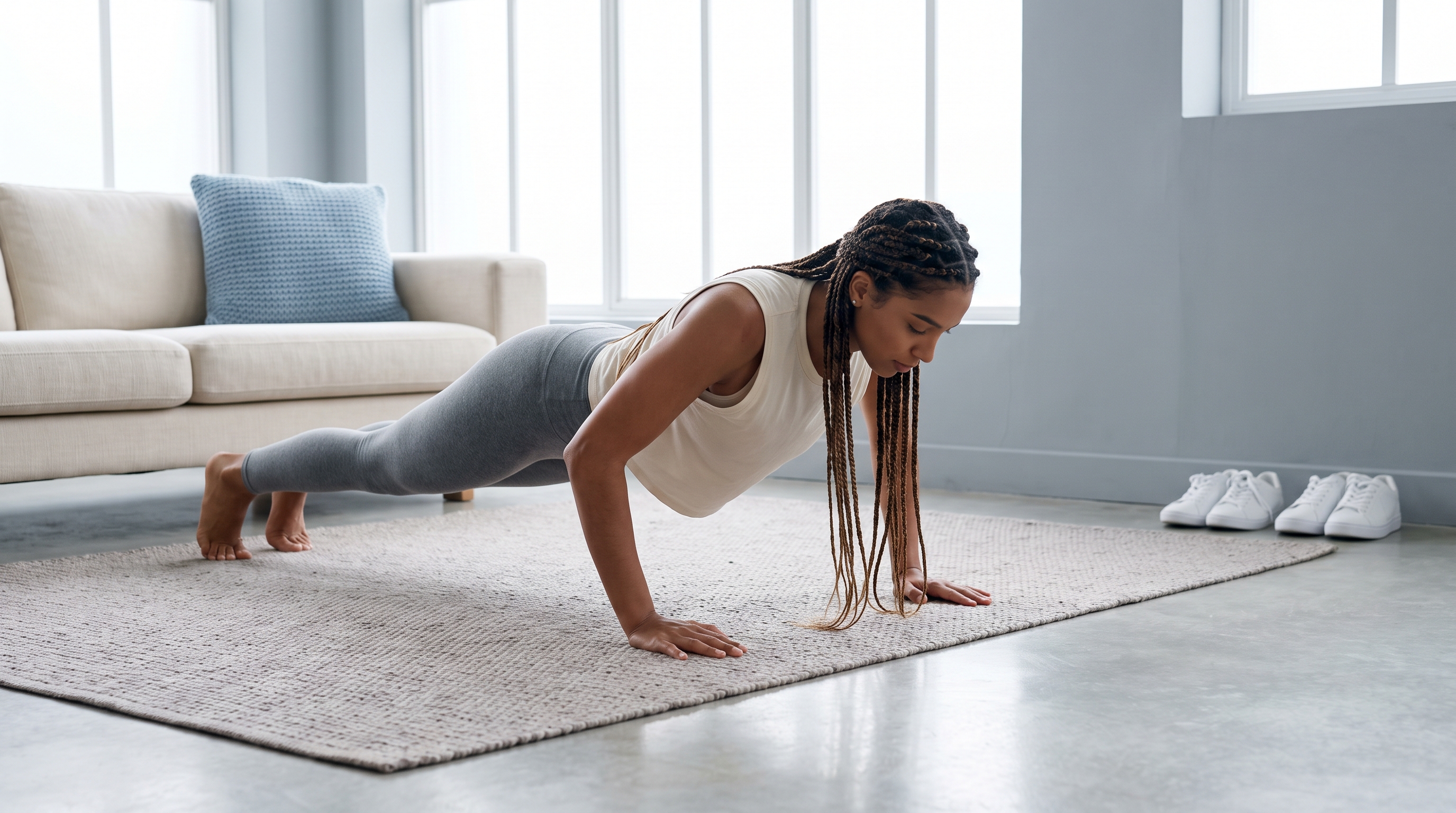 Man doing push ups on living room floor at home
