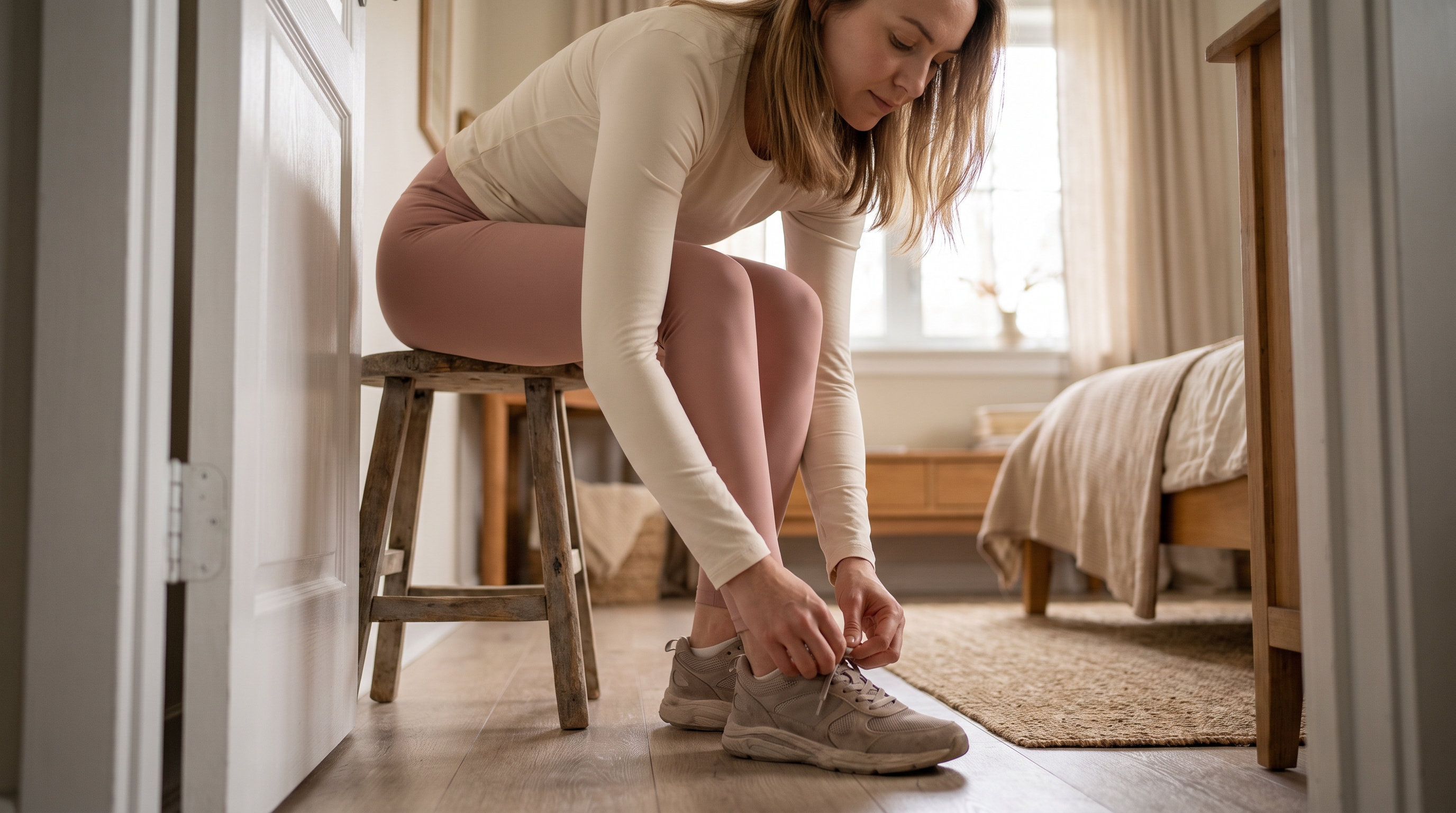 person tying running shoes at sunrise by a doorway