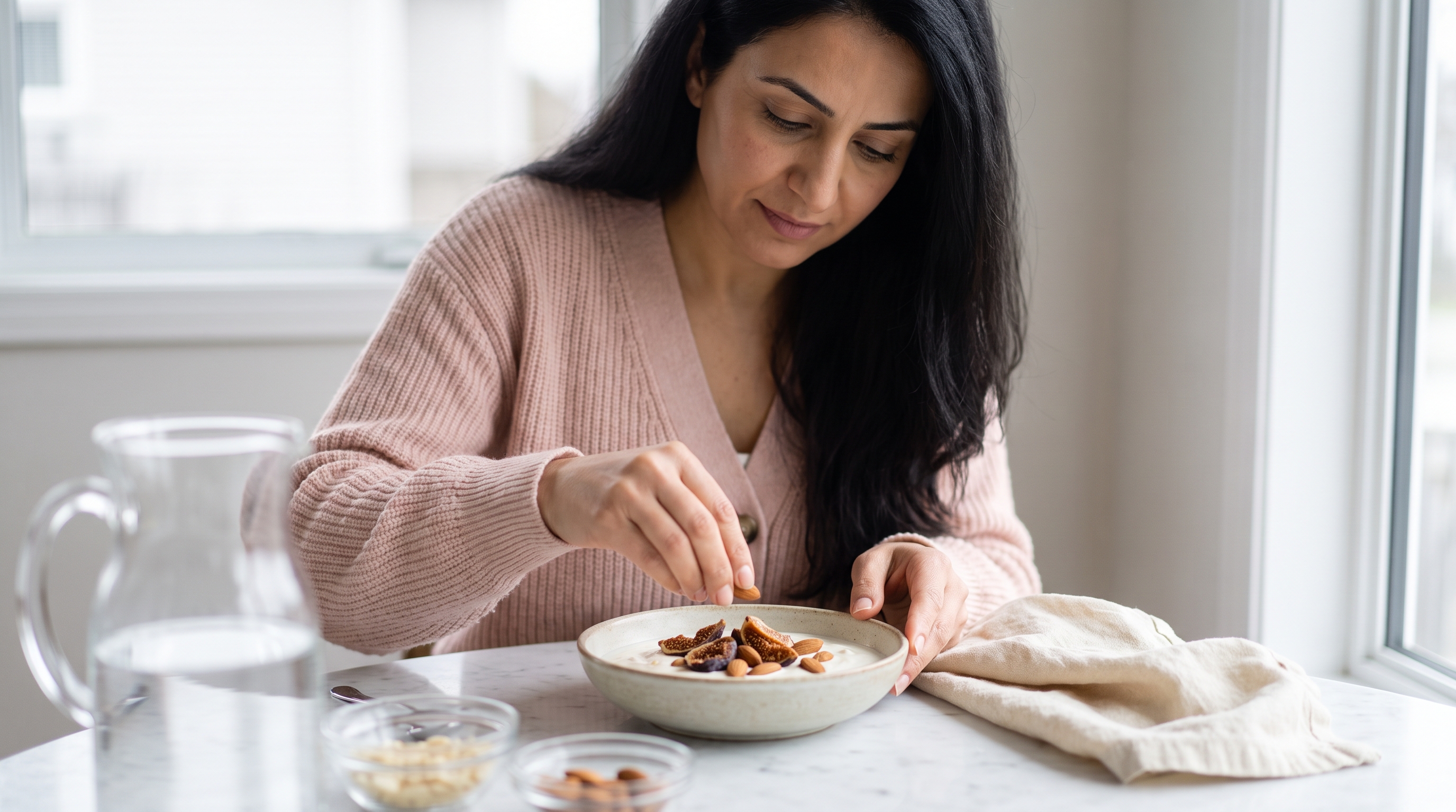 bowl of yoghurt with almonds and dried figs