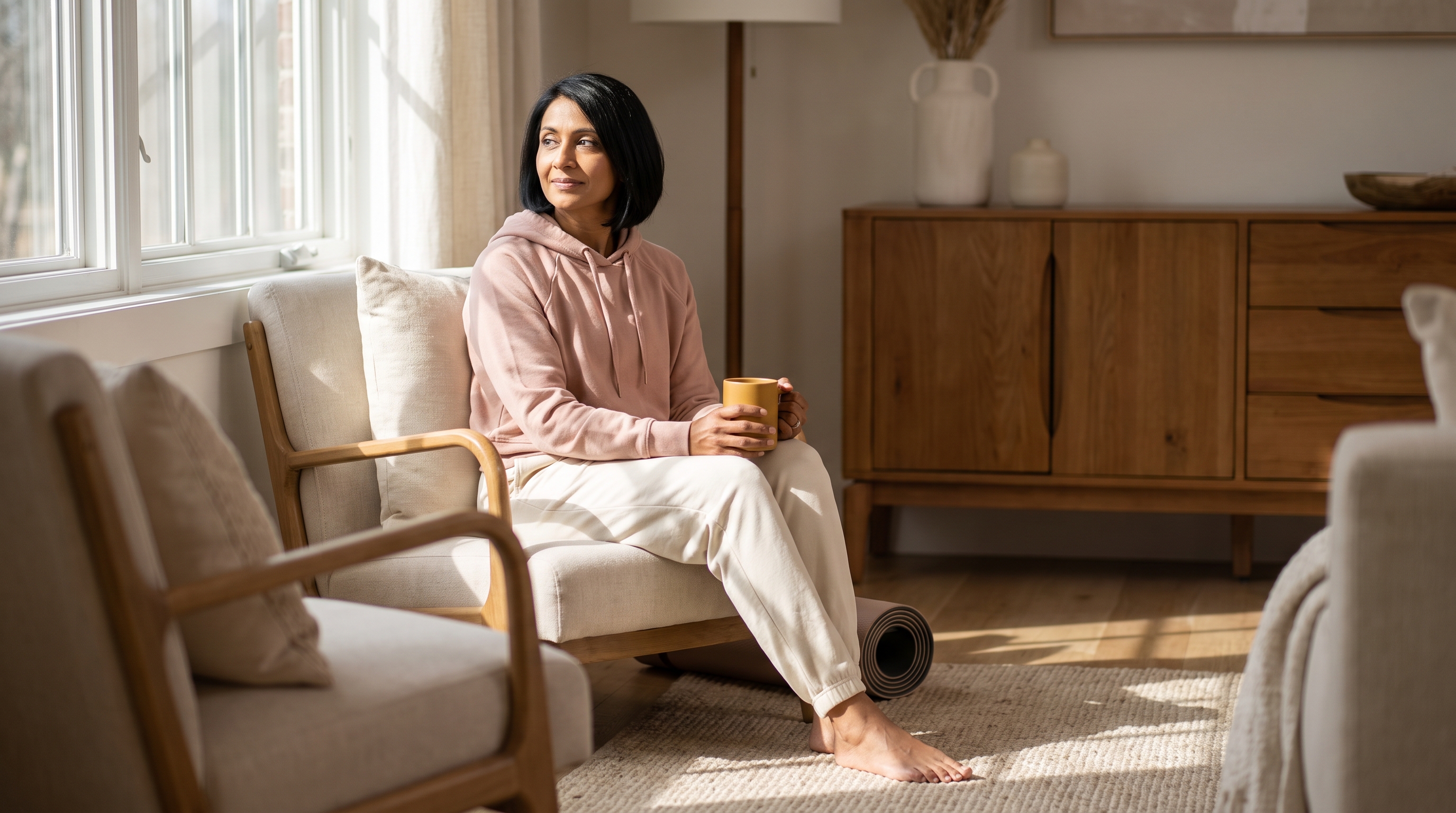 woman relaxing at home following a kegel exercise routine