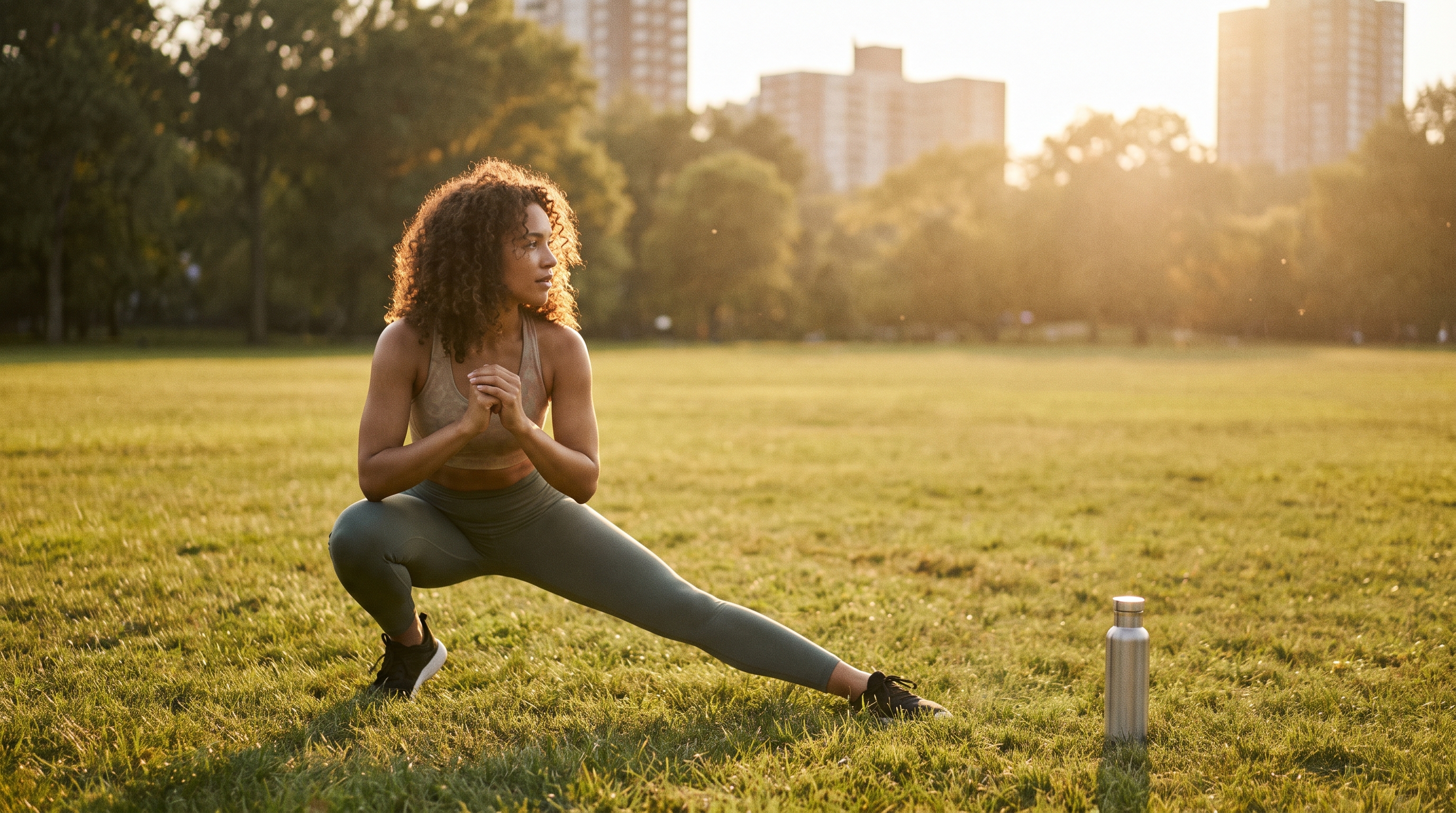 Woman doing a standing side lunge on a yoga mat at home
