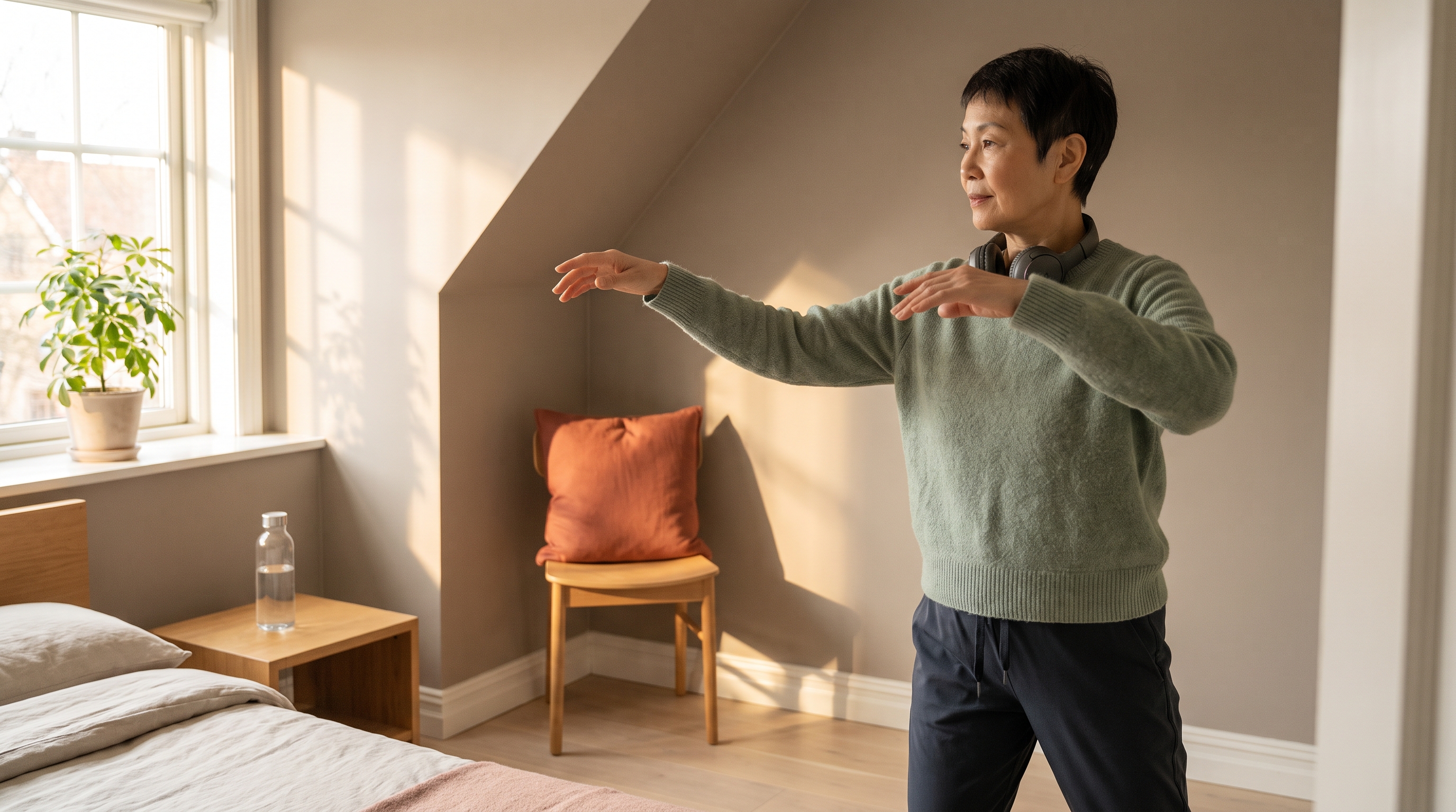 person practising qigong at home