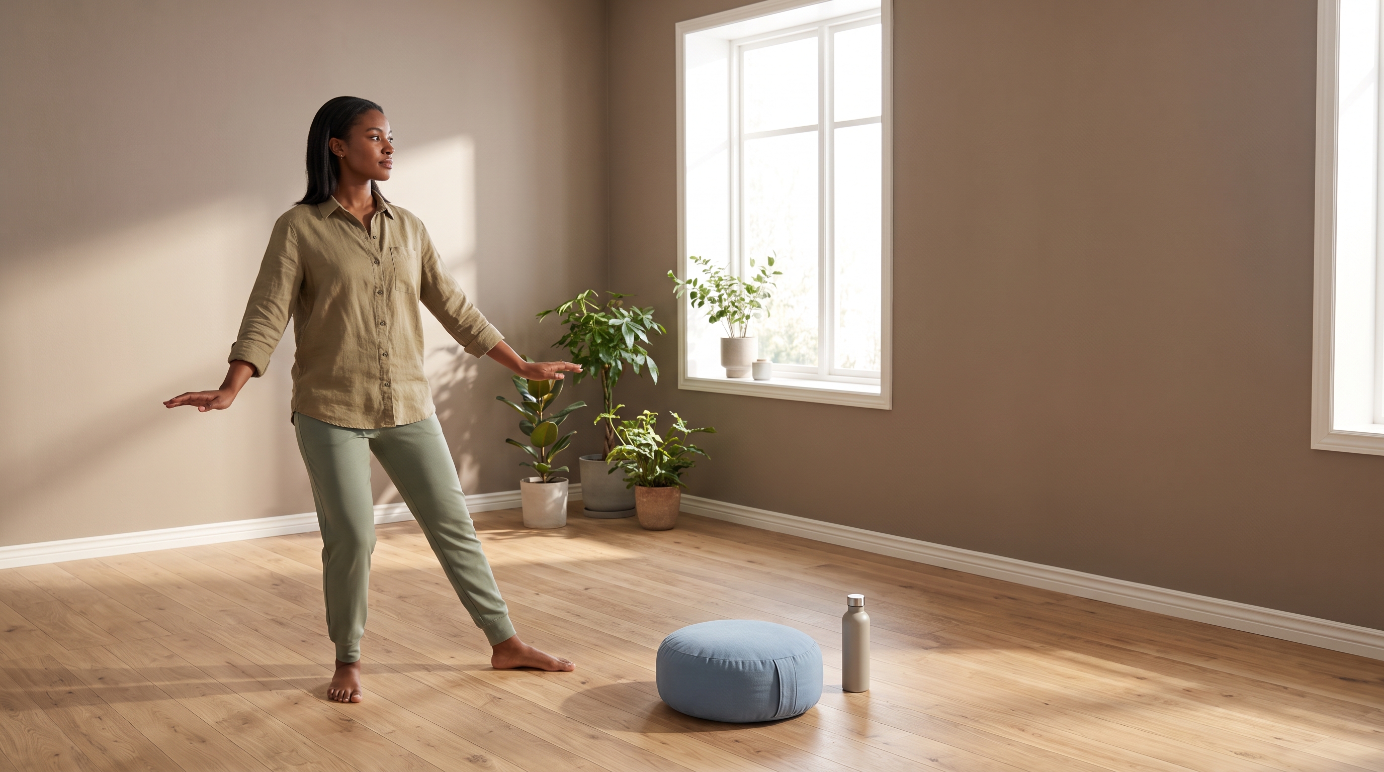 person practising qigong at home