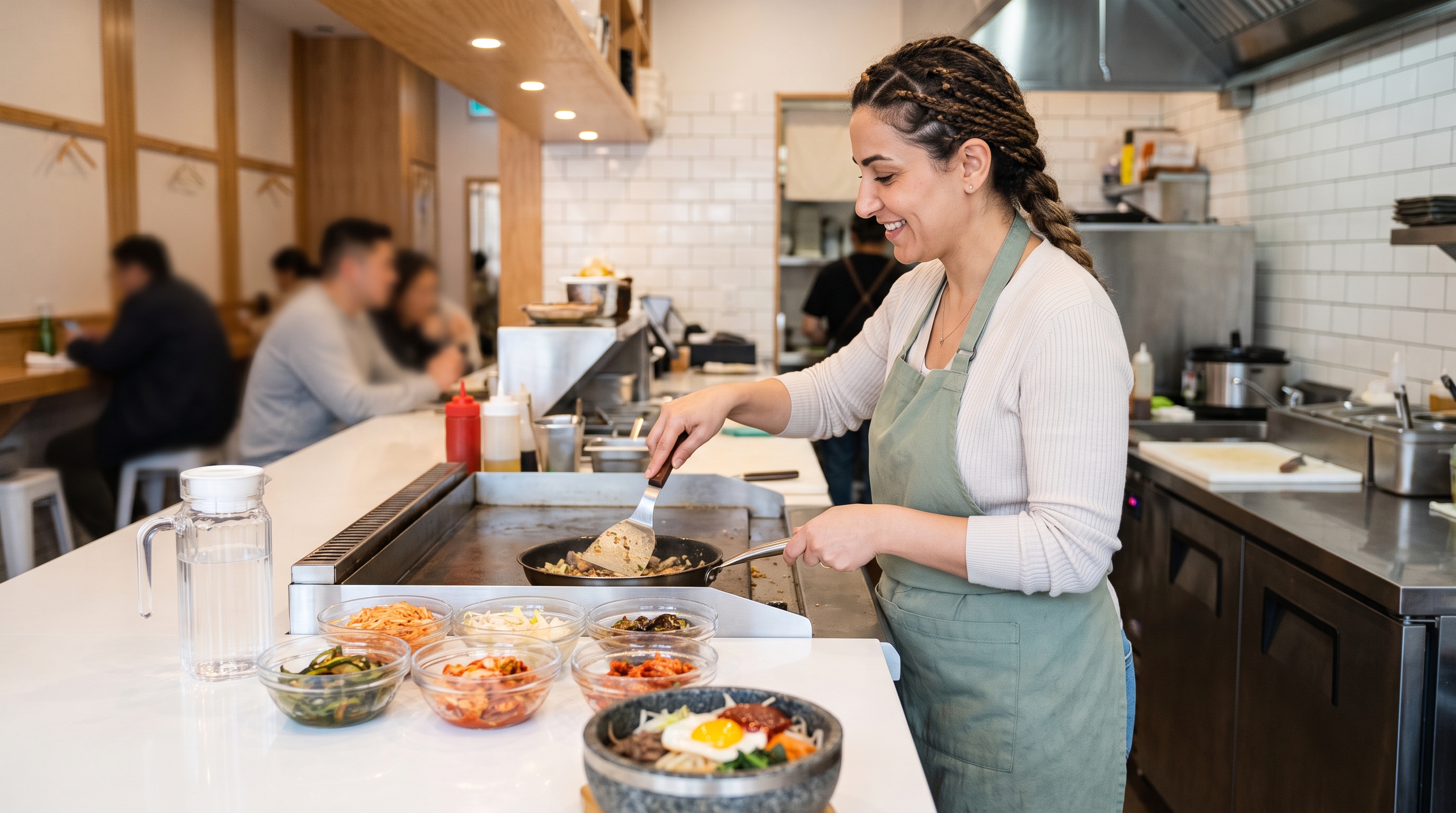 A cheerful woman in her 30s eating a bibimbap bowl at a dining table with a tabletop grill
