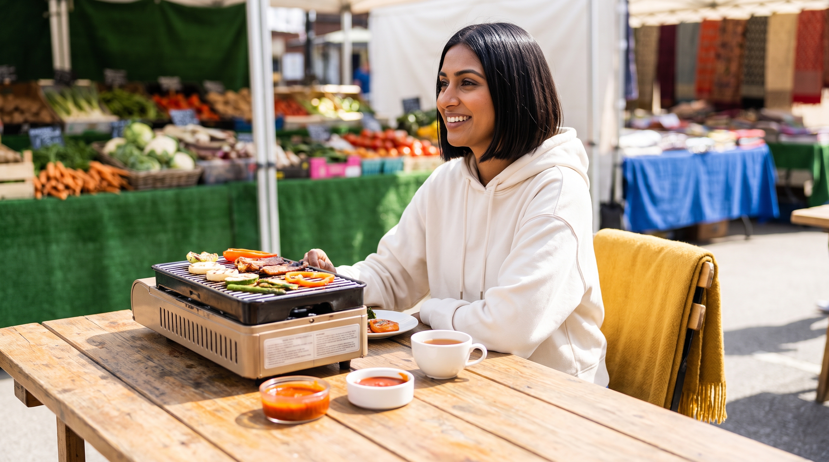 A cheerful woman in her 30s sitting at a dining table with a tabletop grill with a cup of tea