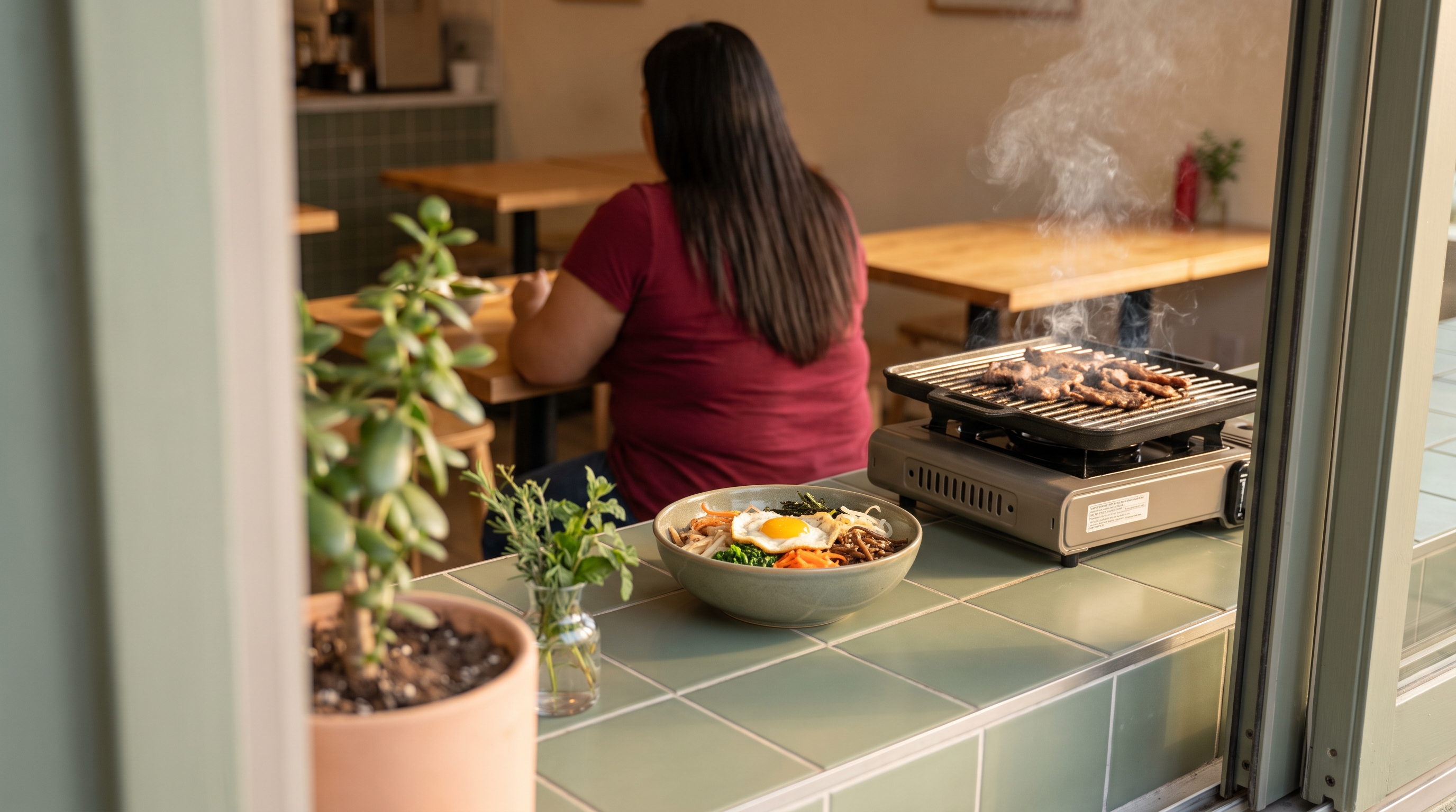 A bibimbap bowl on a dining table with a tabletop grill
